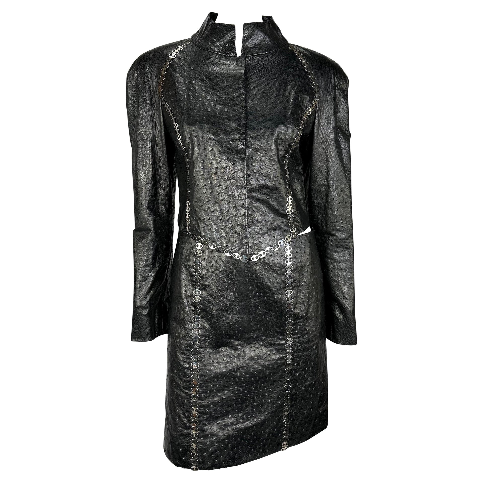 1990s Paco Rabanne Haute Couture Black Ostrich Leather Chain Accent Skirt Suit