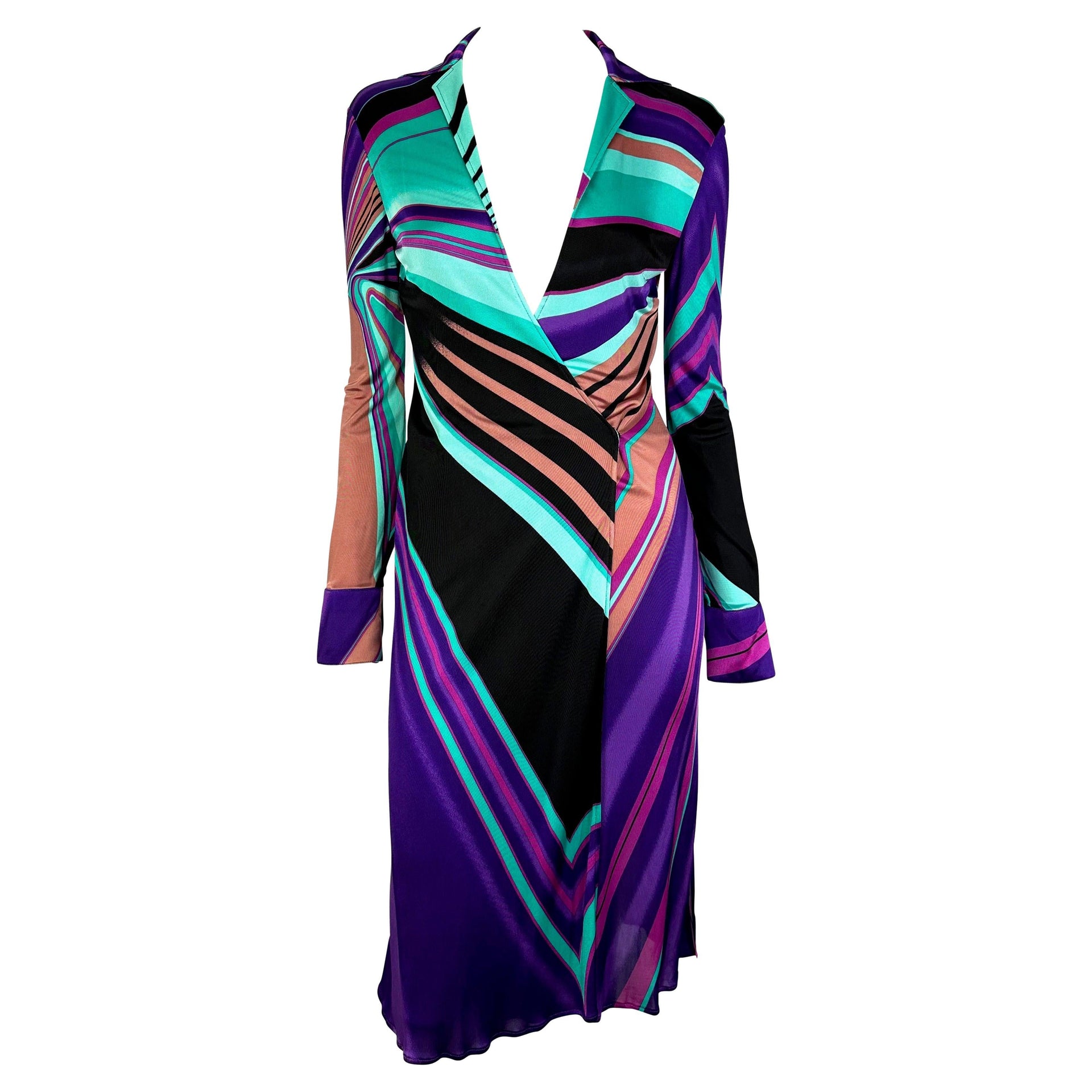 F/W 2000 Gianni Versace by Donatella Multicolor Abstract Plunge Stretch Dress
