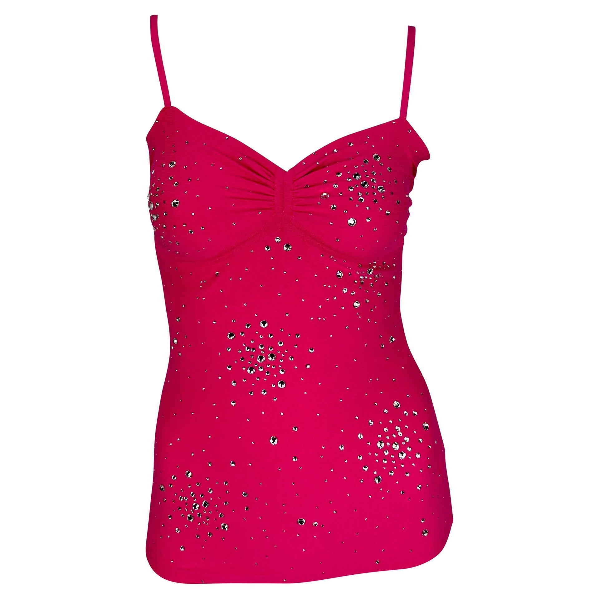 S/S 2005 Versace by Donatella Hot Pink Rhinestone Stretch Knit Tank Top