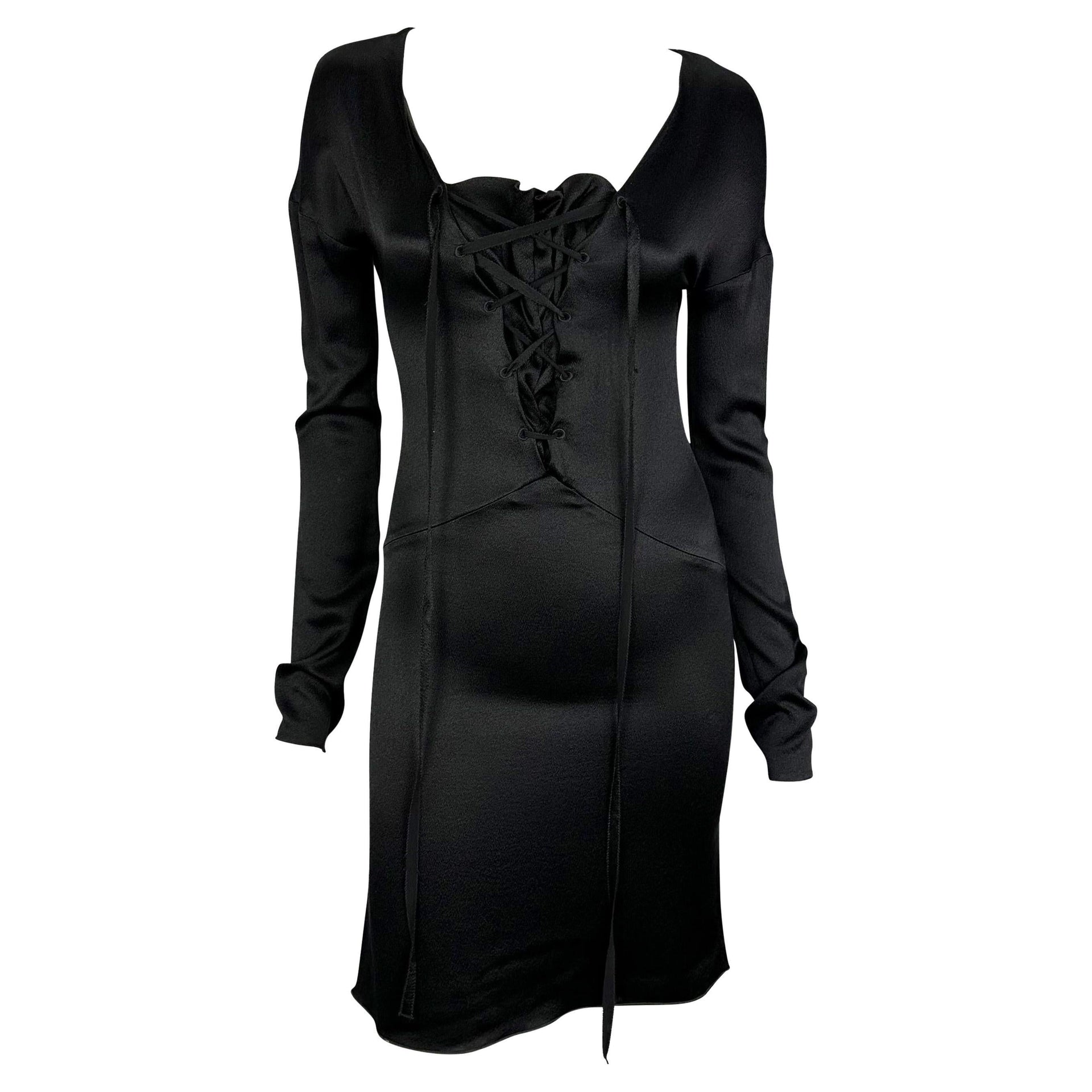 F/W 2002 Gucci by Tom Ford Black Silk Lace-Up Flare Mini Dress