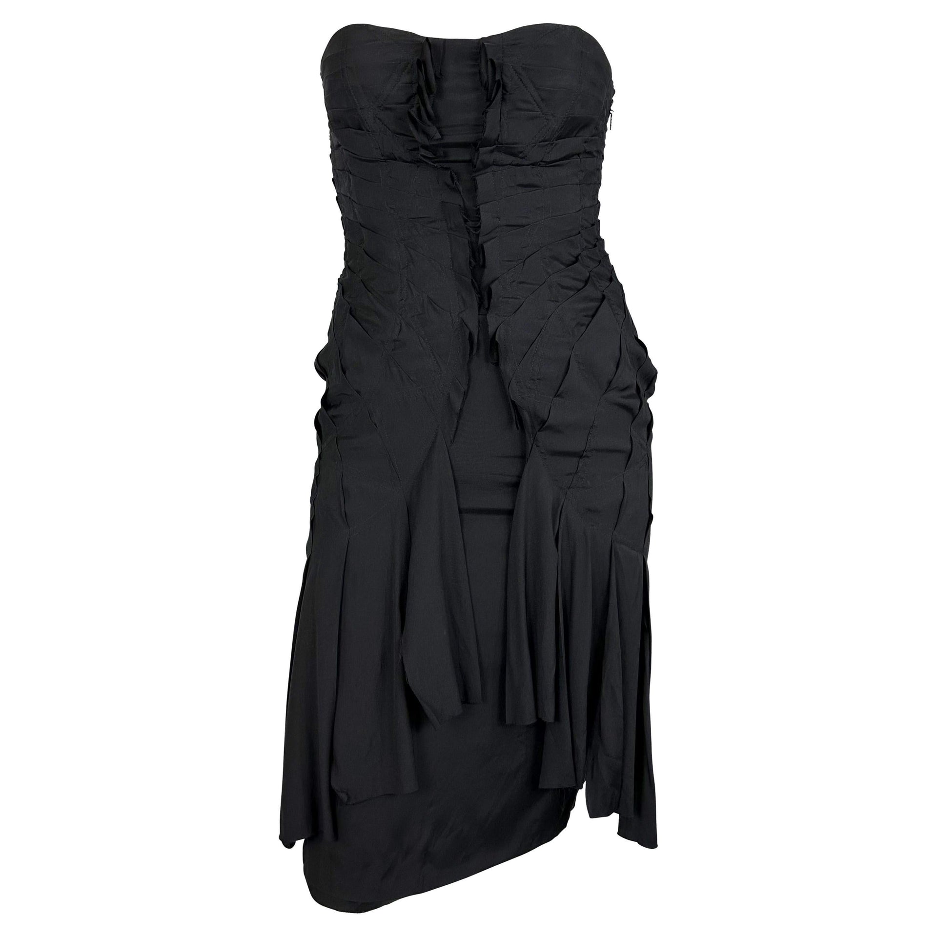 S/S 2004 Gucci by Tom Ford Fan Pleated Silk Ribbon Cutout Black Strapless Dress