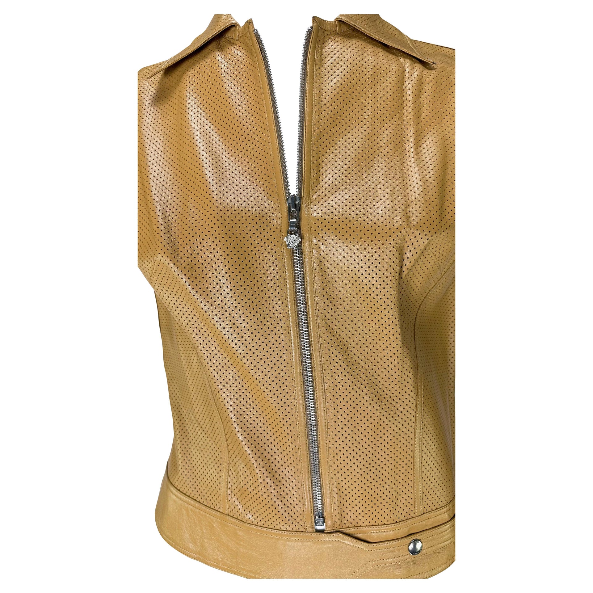 Early 2000s Gianni Versace by Donatella Perforated Leather Medusa Zip Vest Top