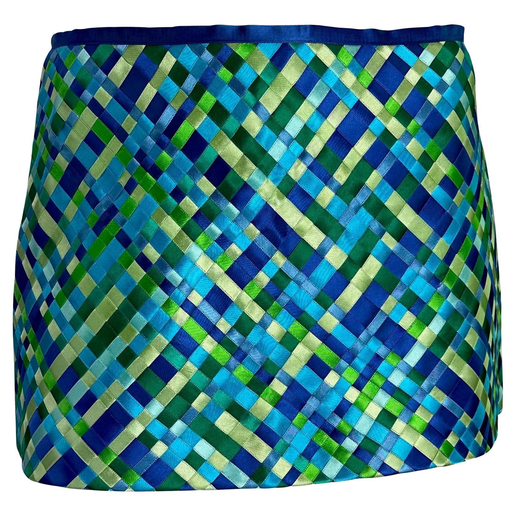 NWT S/S 2002 Dolce & Gabbana Runway Blue Green Satin Woven Ribbon Mini Skirt Y2K