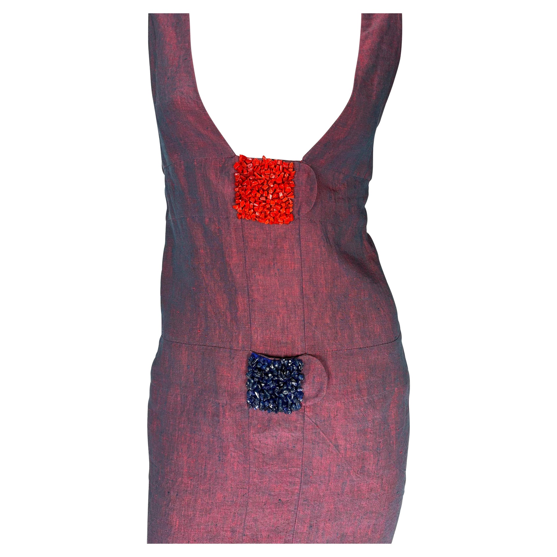 NWT 1990s Fendi by Karl Lagerfeld Iridescent Red Blue Linen Plunge Beaded Dress