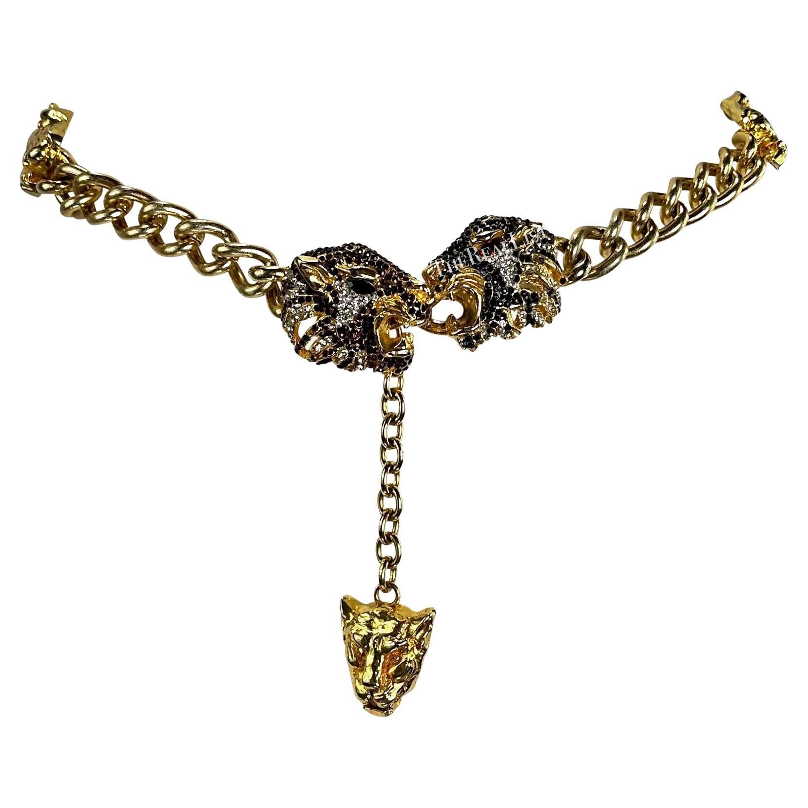 F/W 1992 Gianni Versace Gold Tone Metal Rhinestone Jaguar Motif Chain Belt