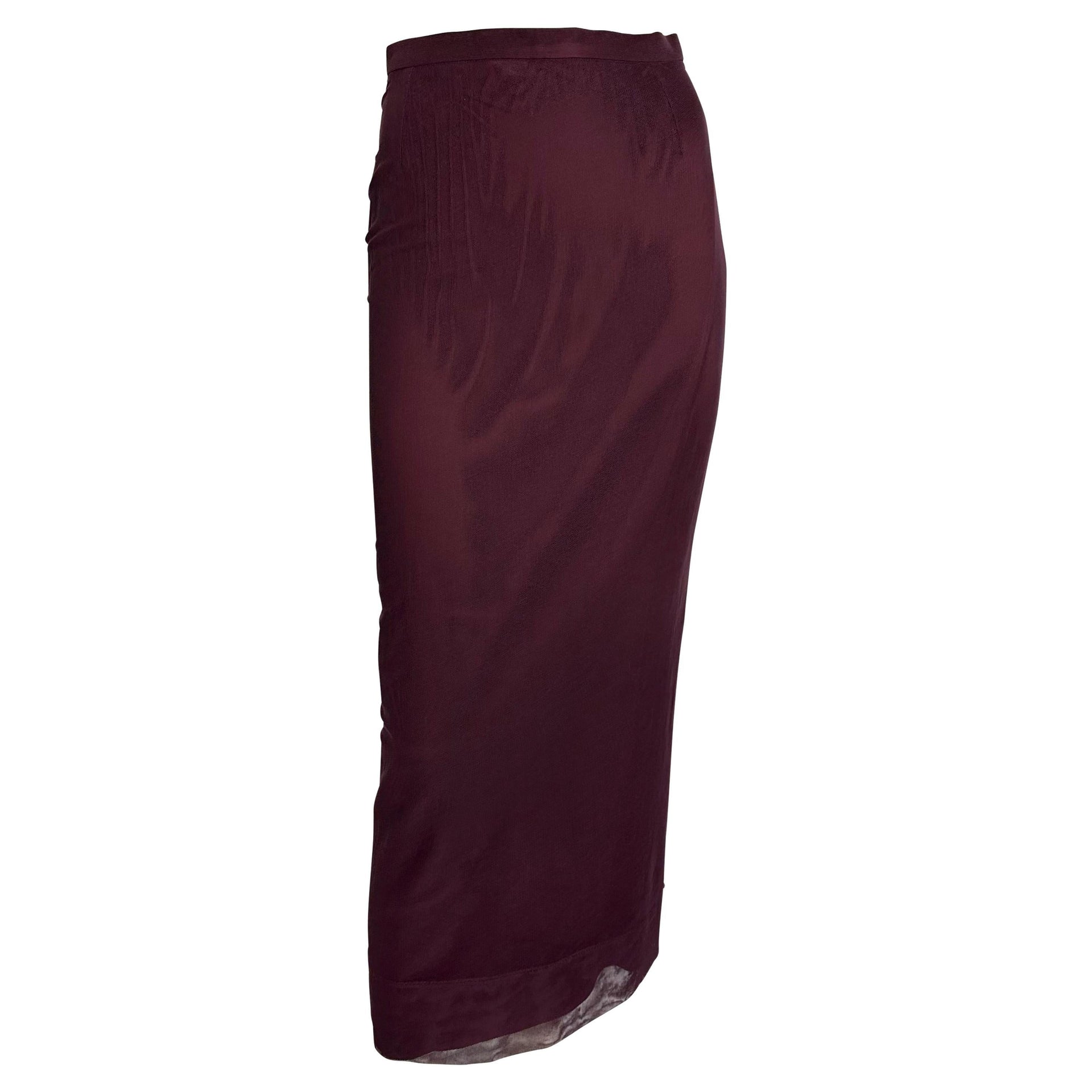 S/S 1998 Dolce & Gabbana Burgundy Bodycon Sheer Mesh Overlay Maxi Skirt