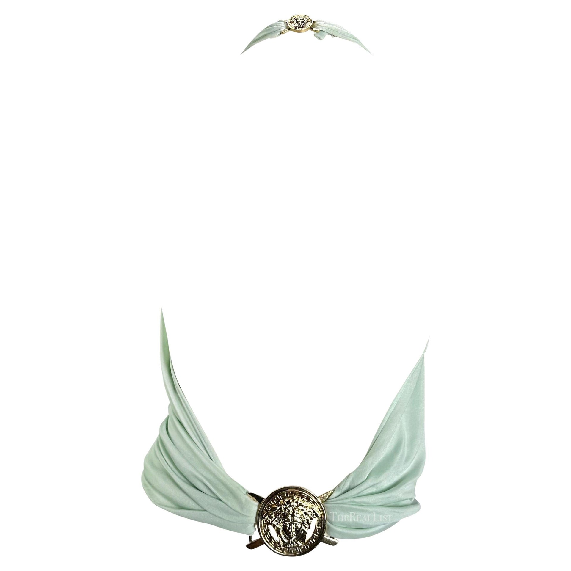S/S 2005 Versace by Donatella Medusa Medallion Backless Halter Top Blue Blouse