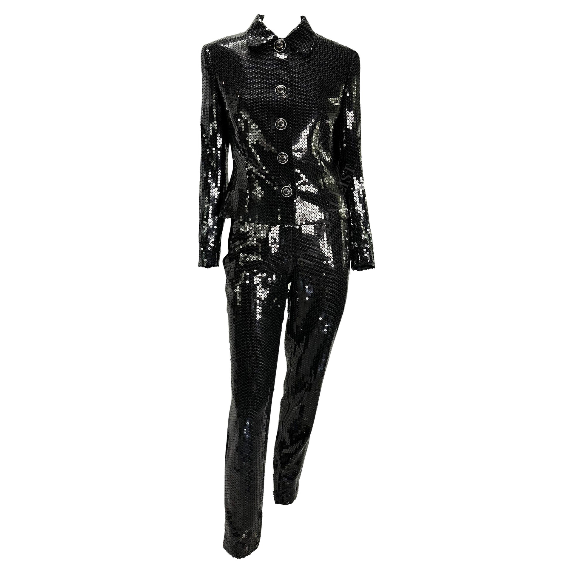 F/W 1995 Gianni Versace Couture Black Sequin Medusa Button Pantsuit