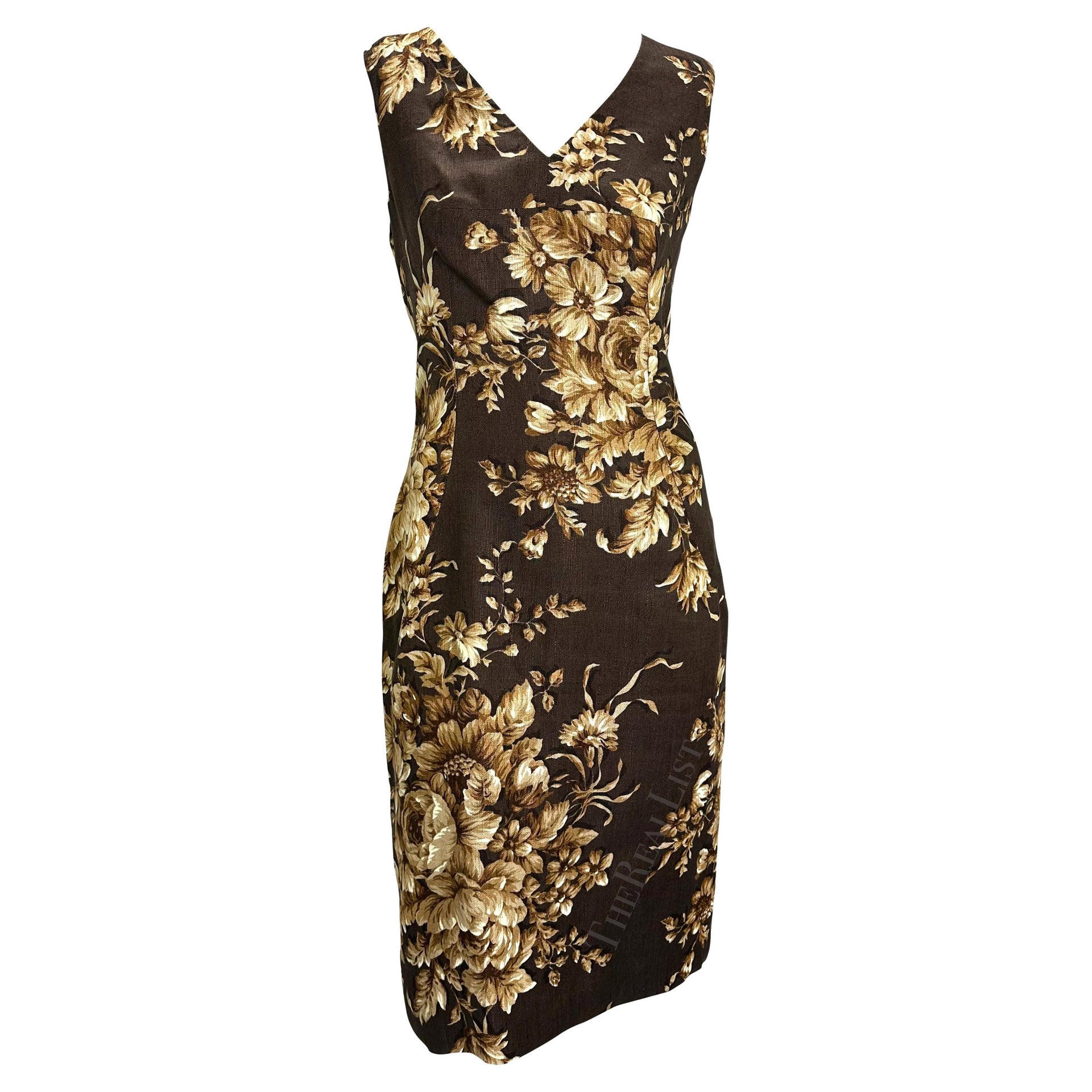 S/S 1997 Dolce & Gabbana Runway Brown Beige Floral Sleeveless Dress
