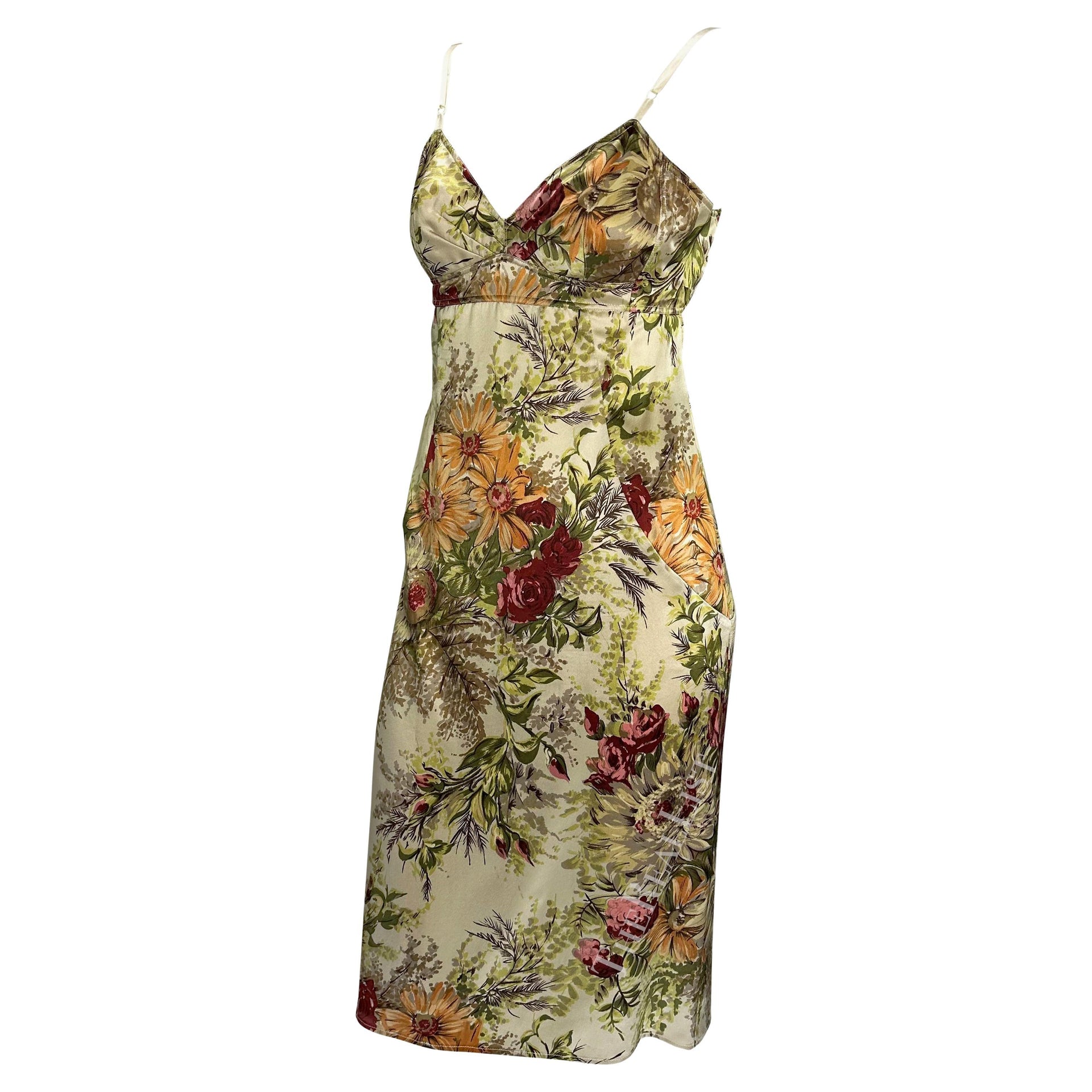 S/S 1997 Dolce & Gabbana Off-White Floral Satin Bralette Cutout Dress