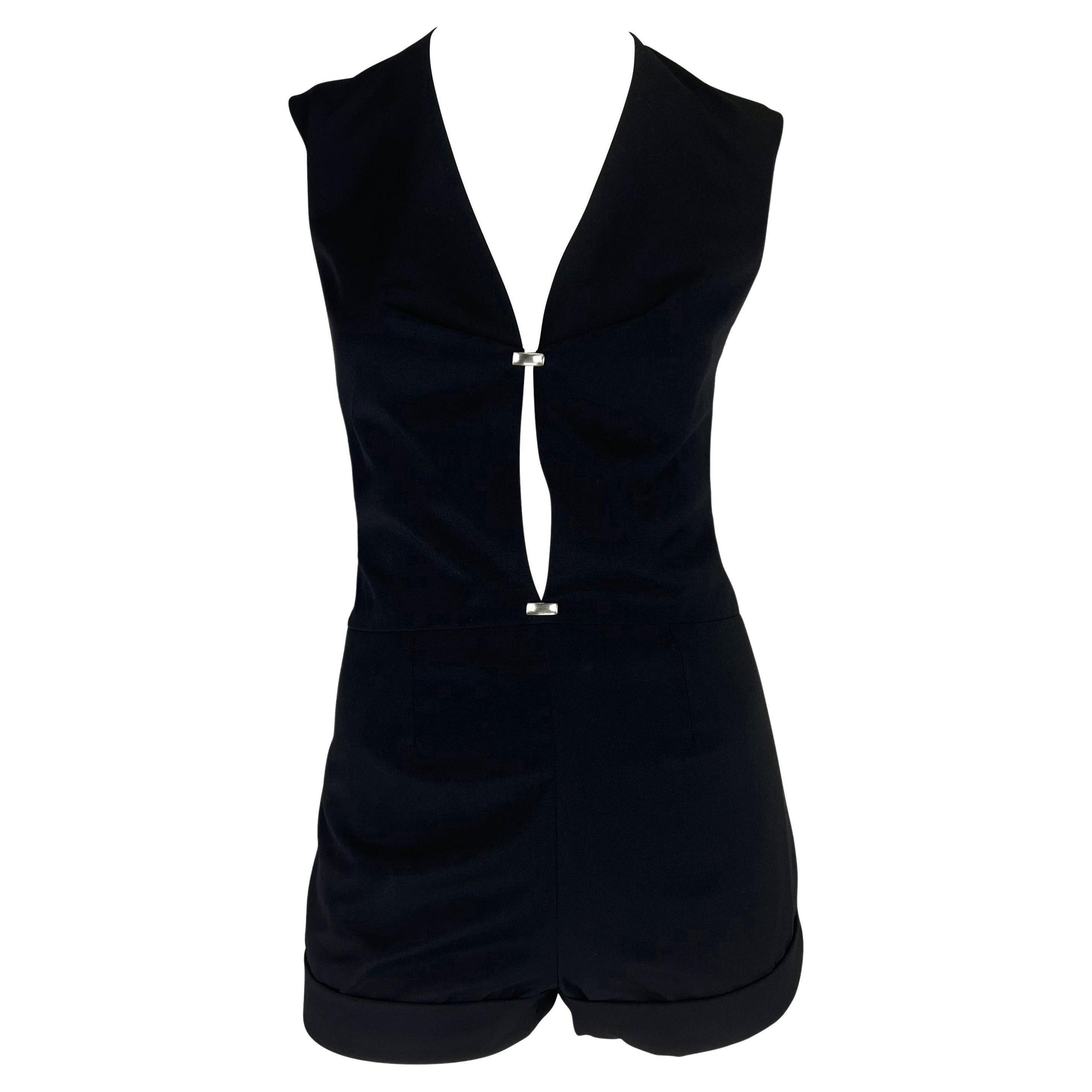 2000s Thierry Mugler Couture Black Plunging Cut Out Short Romper