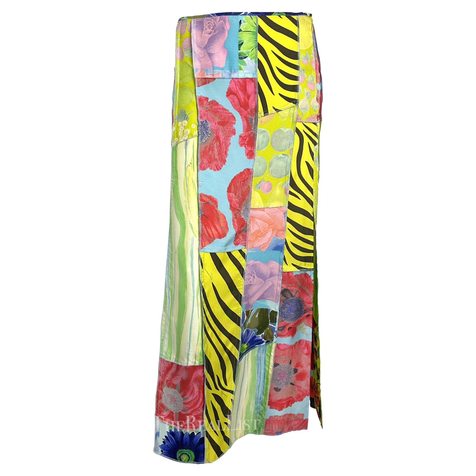 S/S 1996 Gucci by Tom Ford Multicolor Patchwork Silk Maxi Runway Slit Skirt
