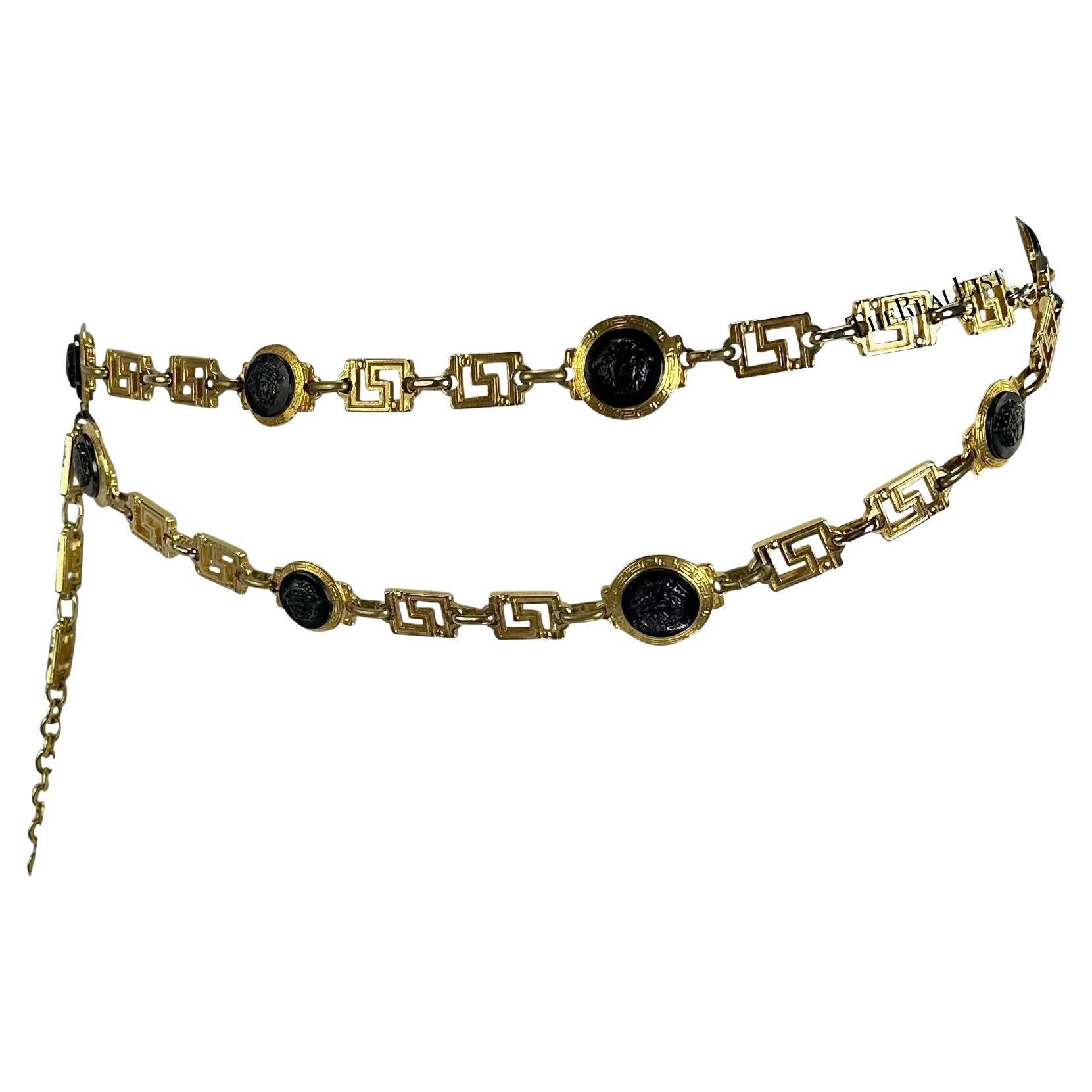 1990s Gianni Versace Double Chain Black Medusa Greek Key Gold Belt