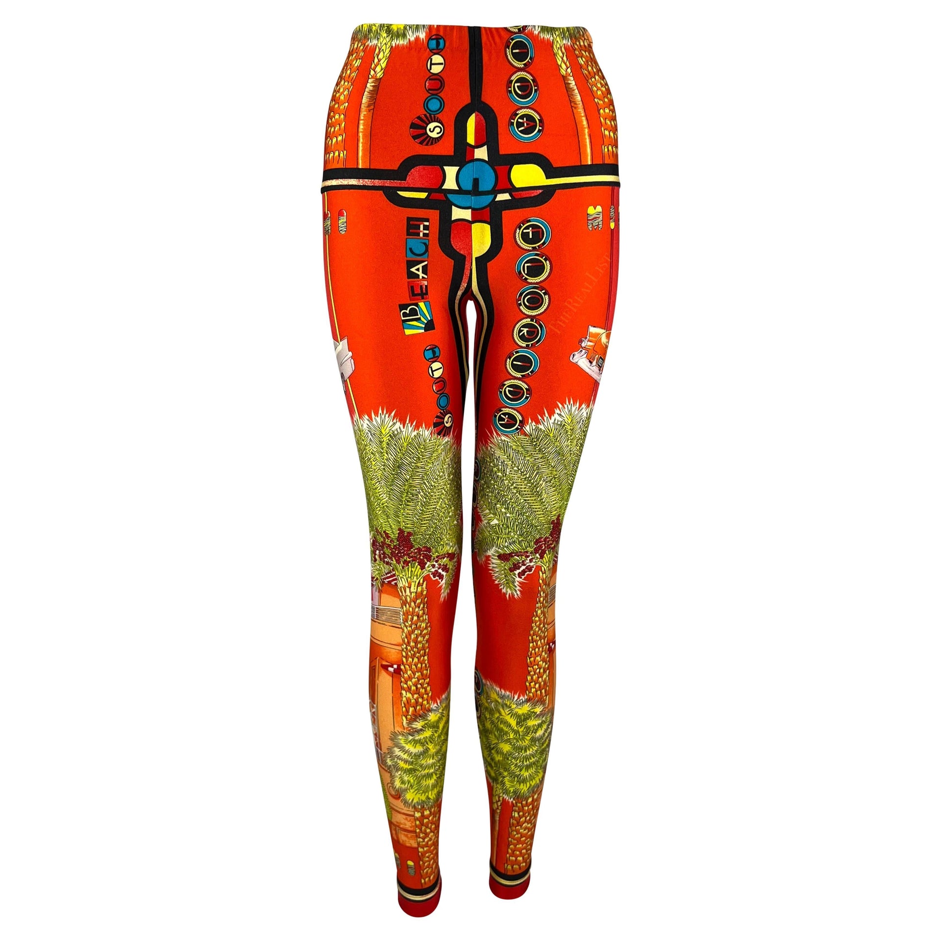 S/S 1993 Gianni Versace South Beach Miami Sunset Orange Red Florida Print Tights