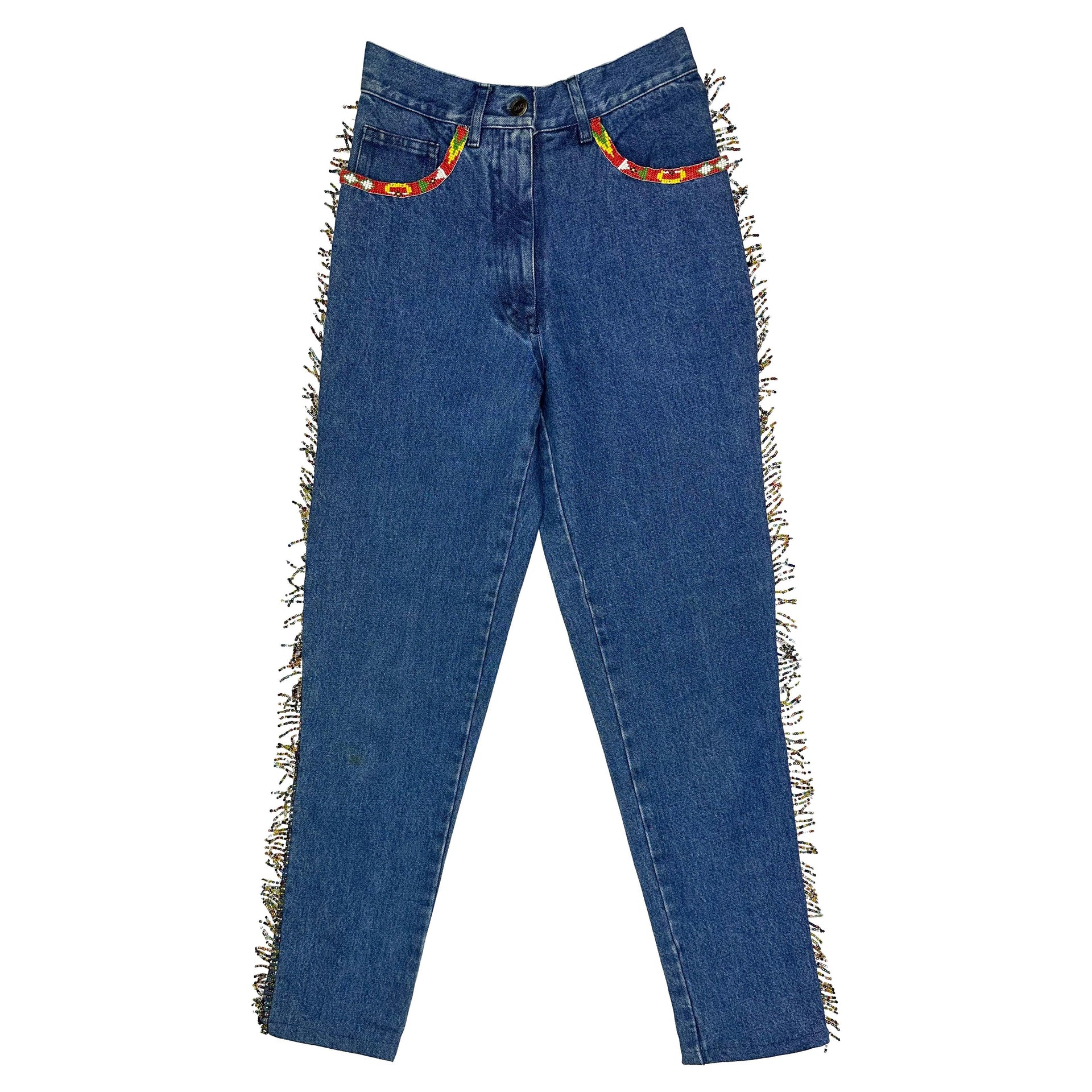 Early 1990s Dolce & Gabbana Western Beaded Fringe Blue Denim Jeans