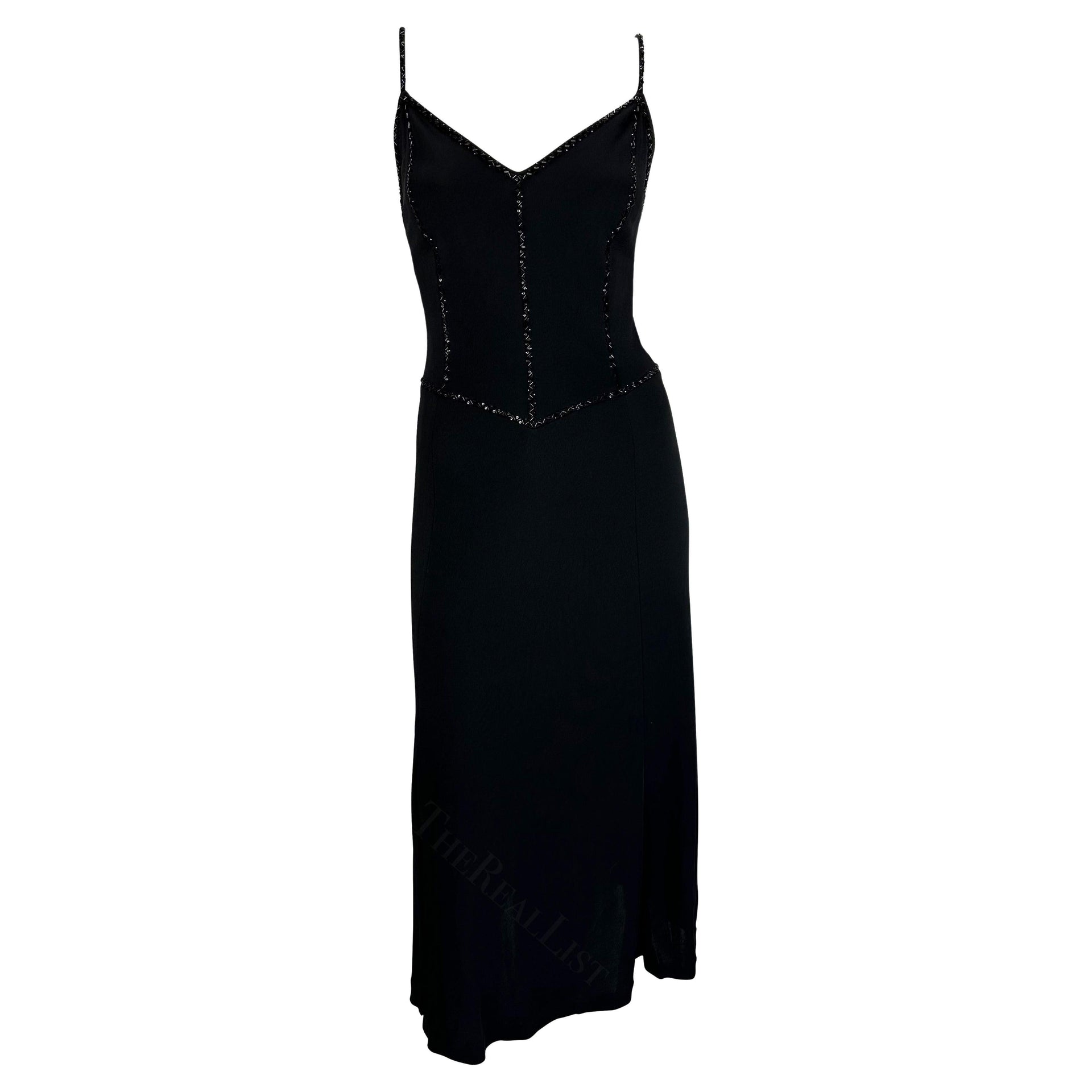 1990s Giorgio Armani Black Beaded Spaghetti Strap Midi Dress