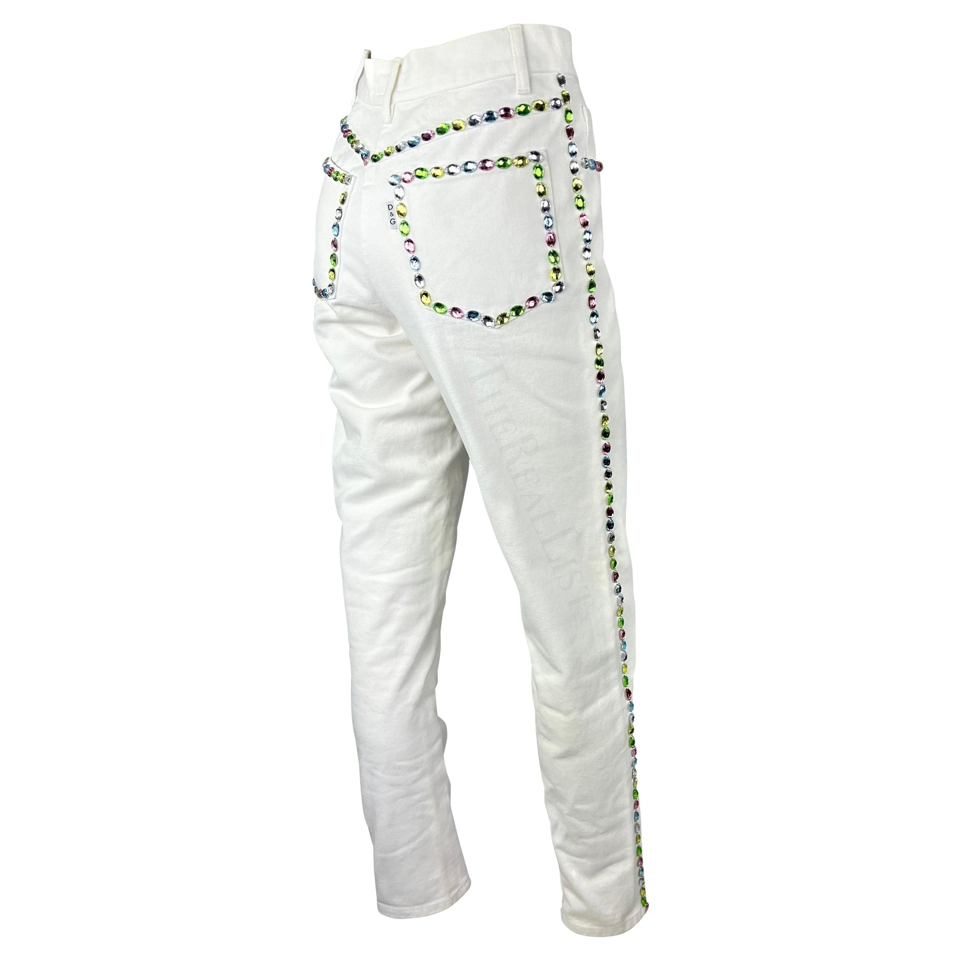 Early 1990s Dolce & Gabbana White Denim Multicolor Pastel Rhinestone Jeans