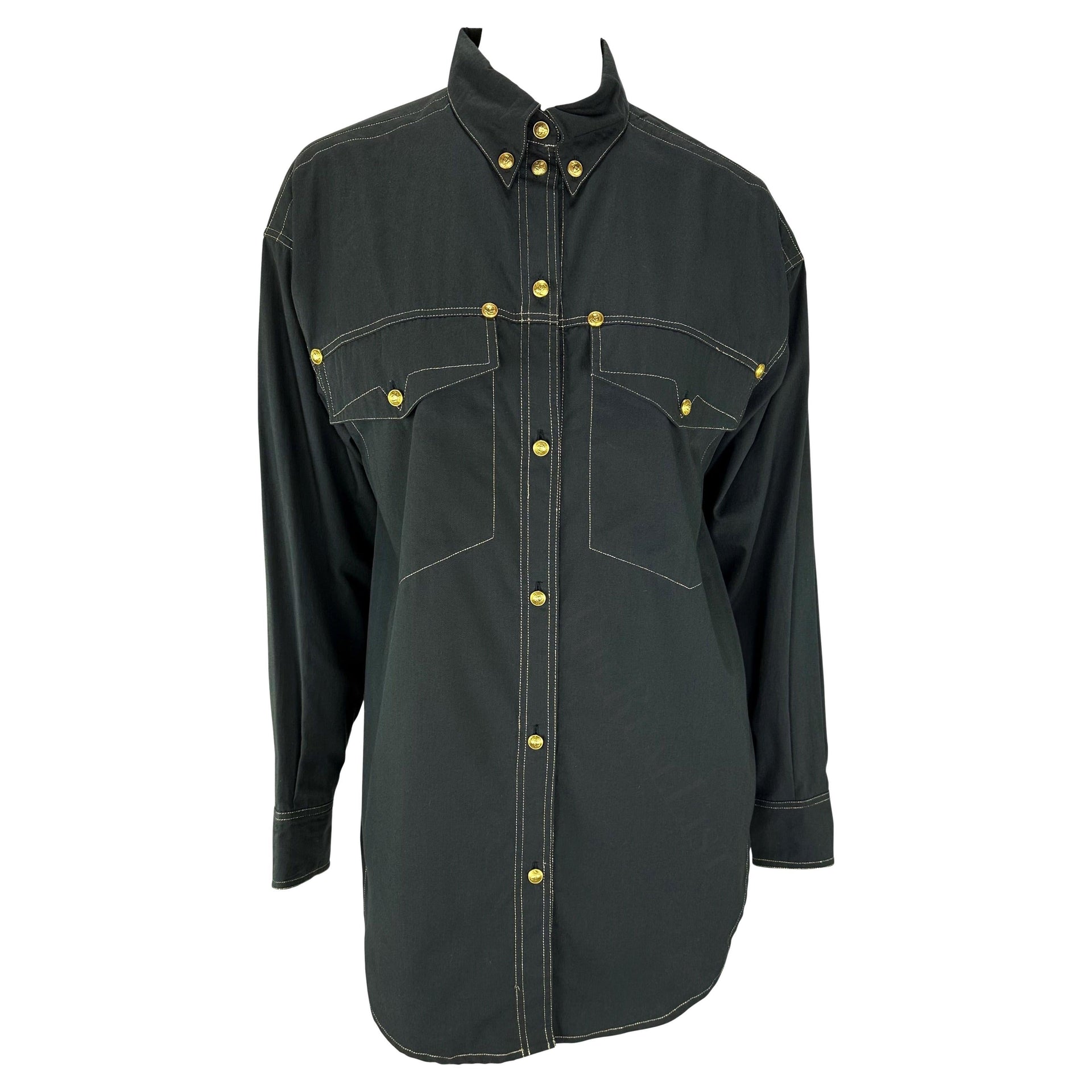 F/W 1992 Gianni Versace Gold Medusa Logo Black Western Style Button Up Shirt