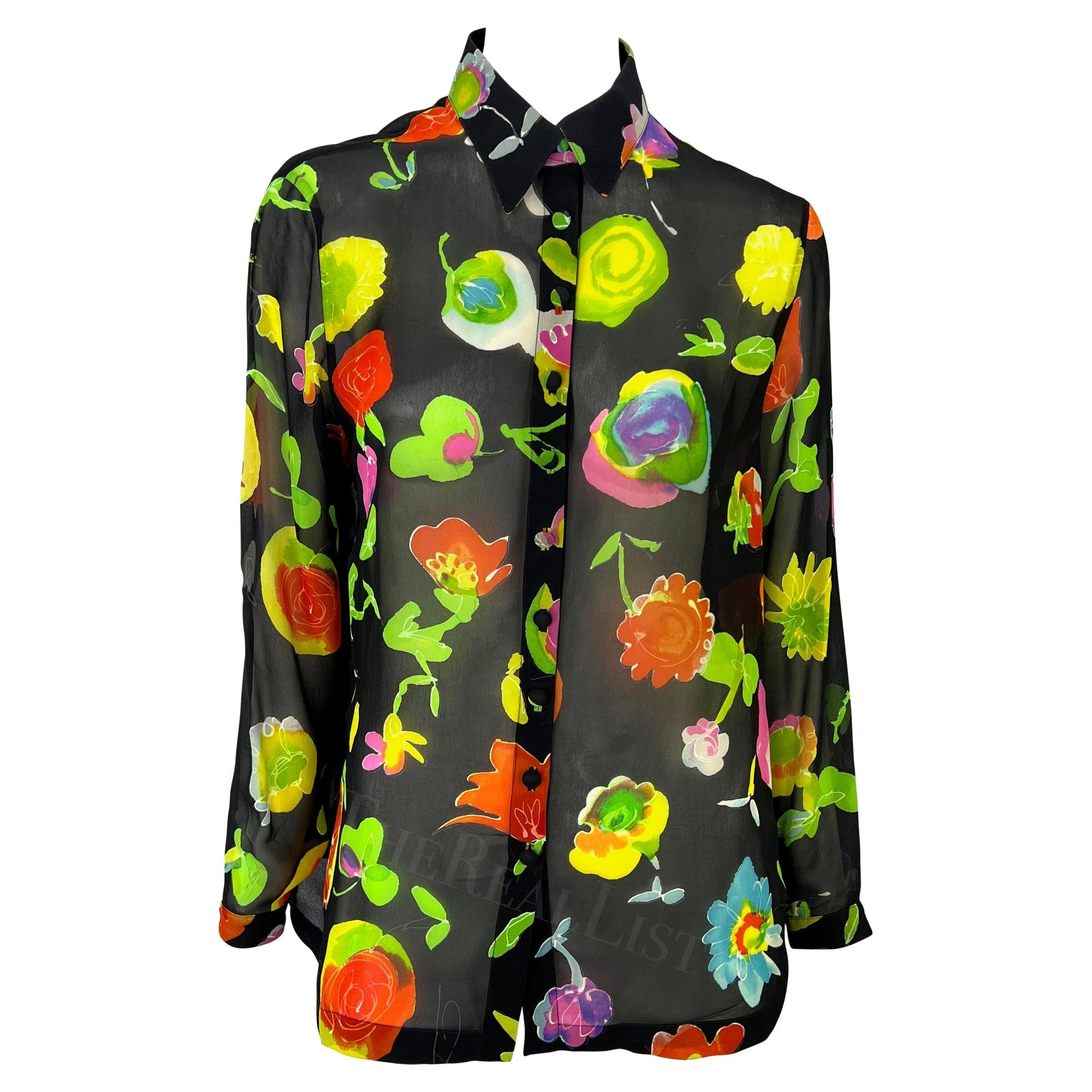 S/S 1996 Gianni Versace Black Floral Sheer Button Down Shirt