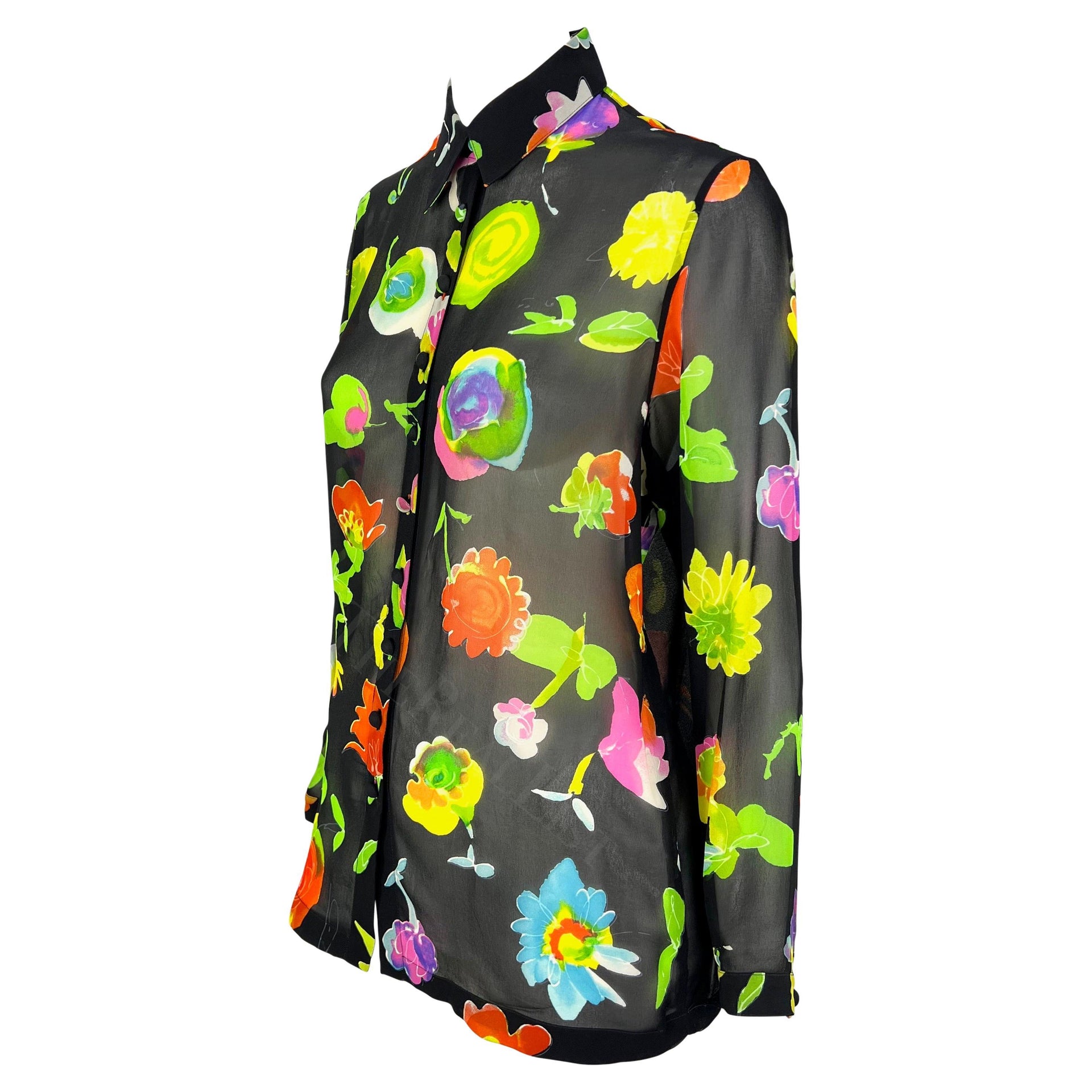 S/S 1996 Gianni Versace Black Floral Sheer Button Down Shirt