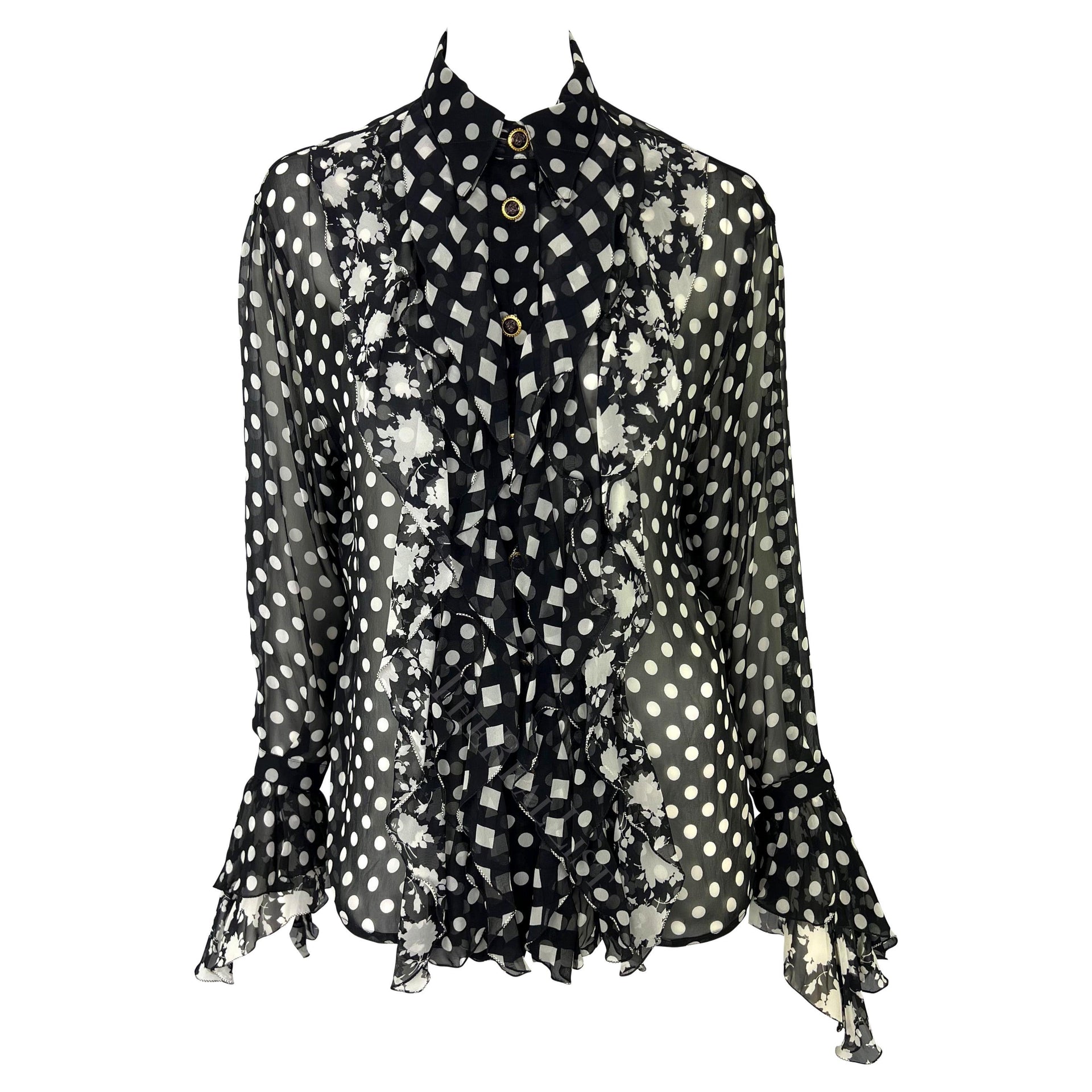S/S 1993 Gianni Versace Runway Black White Sheer Polka Dot Floral Ruffle Button Up Top