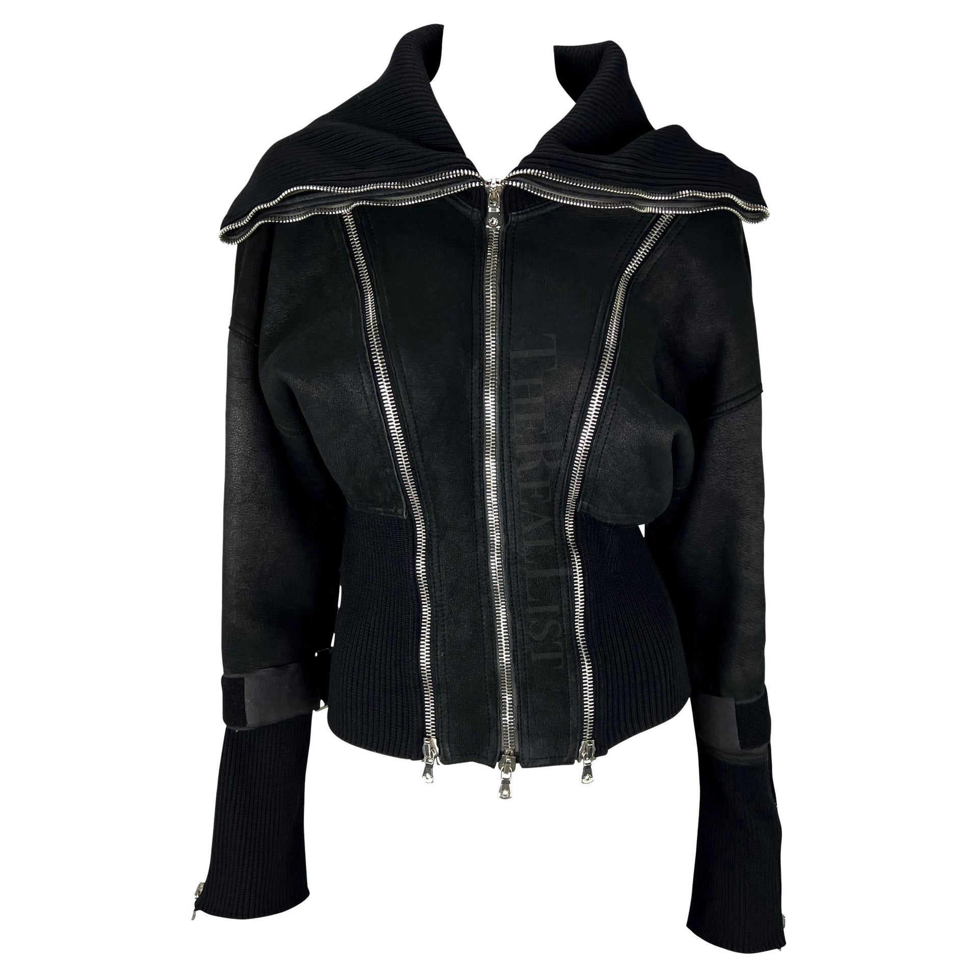 F/W 2003 Dolce & Gabbana Black Shearling Zipper Velcro Strap Jacket