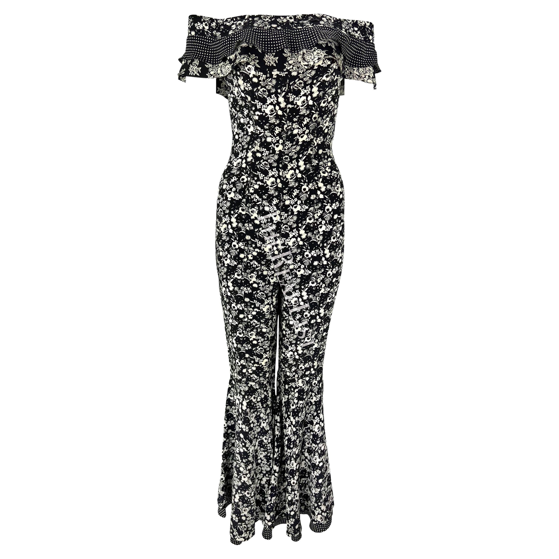 S/S 1993 Gianni Versace Black White Floral Flared Bell-Bottom Catsuit