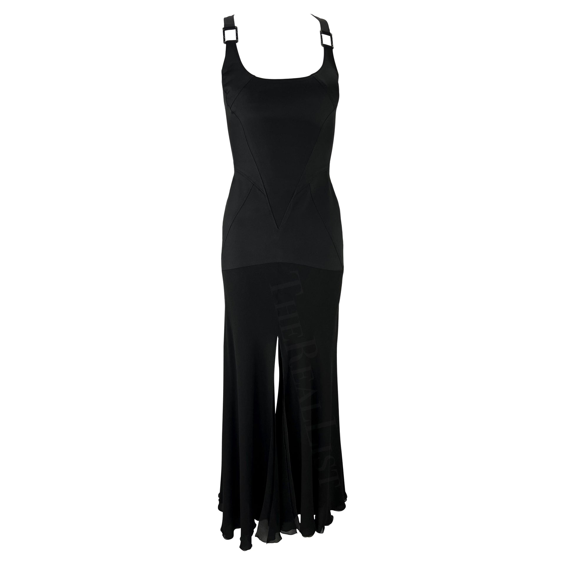 F/W 2003 Versace by Donatella Black Buckle Flare Slit Maxi Dress