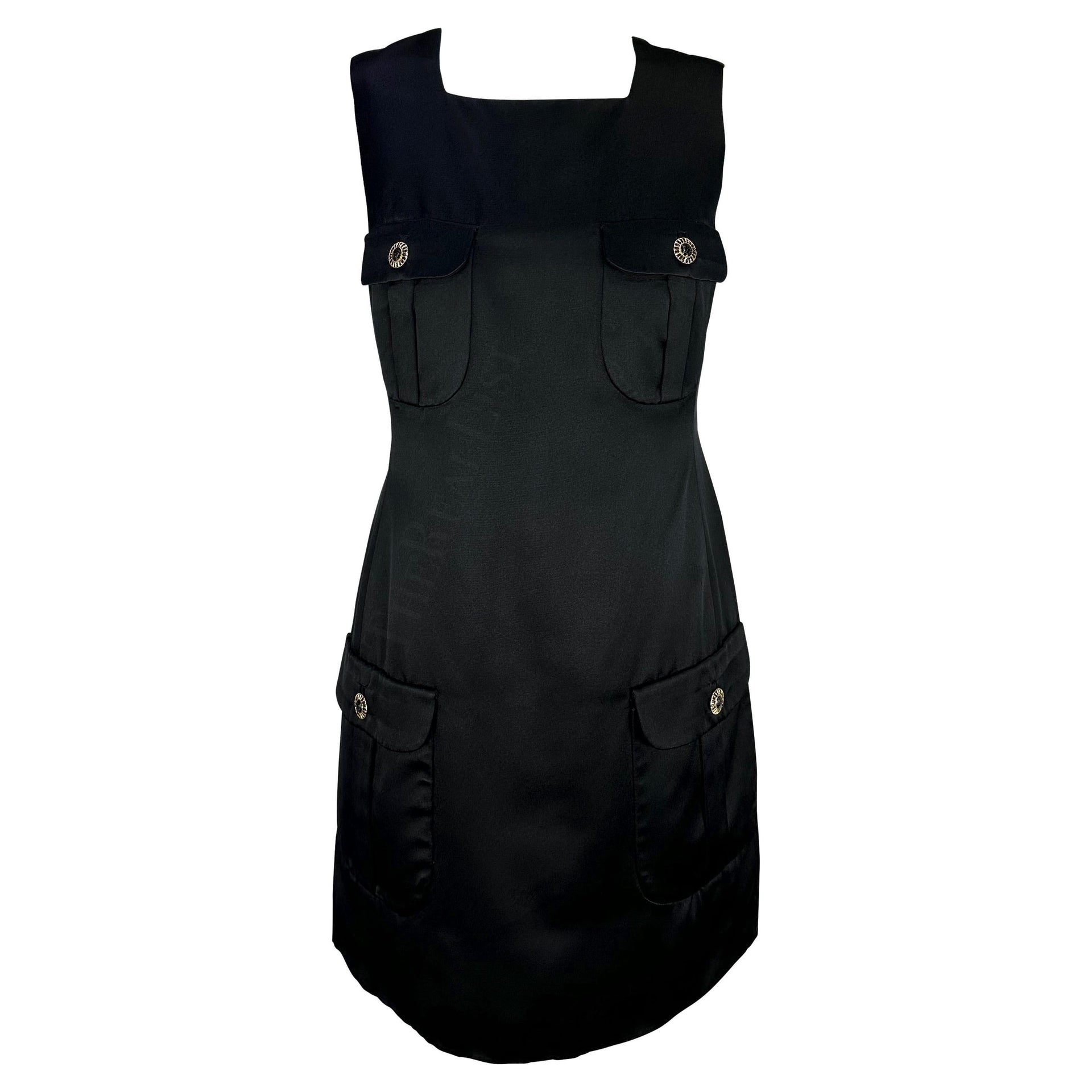 F/W 1996 Gianni Versace Rhinestone Medusa Pocket Black Satin Mini Dress