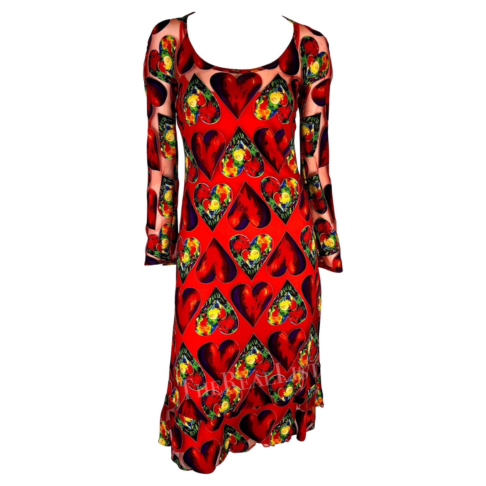 S/S 1997 Gianni Versace Runway Red Sheer Heart Print Bodycon Dress Slip Set