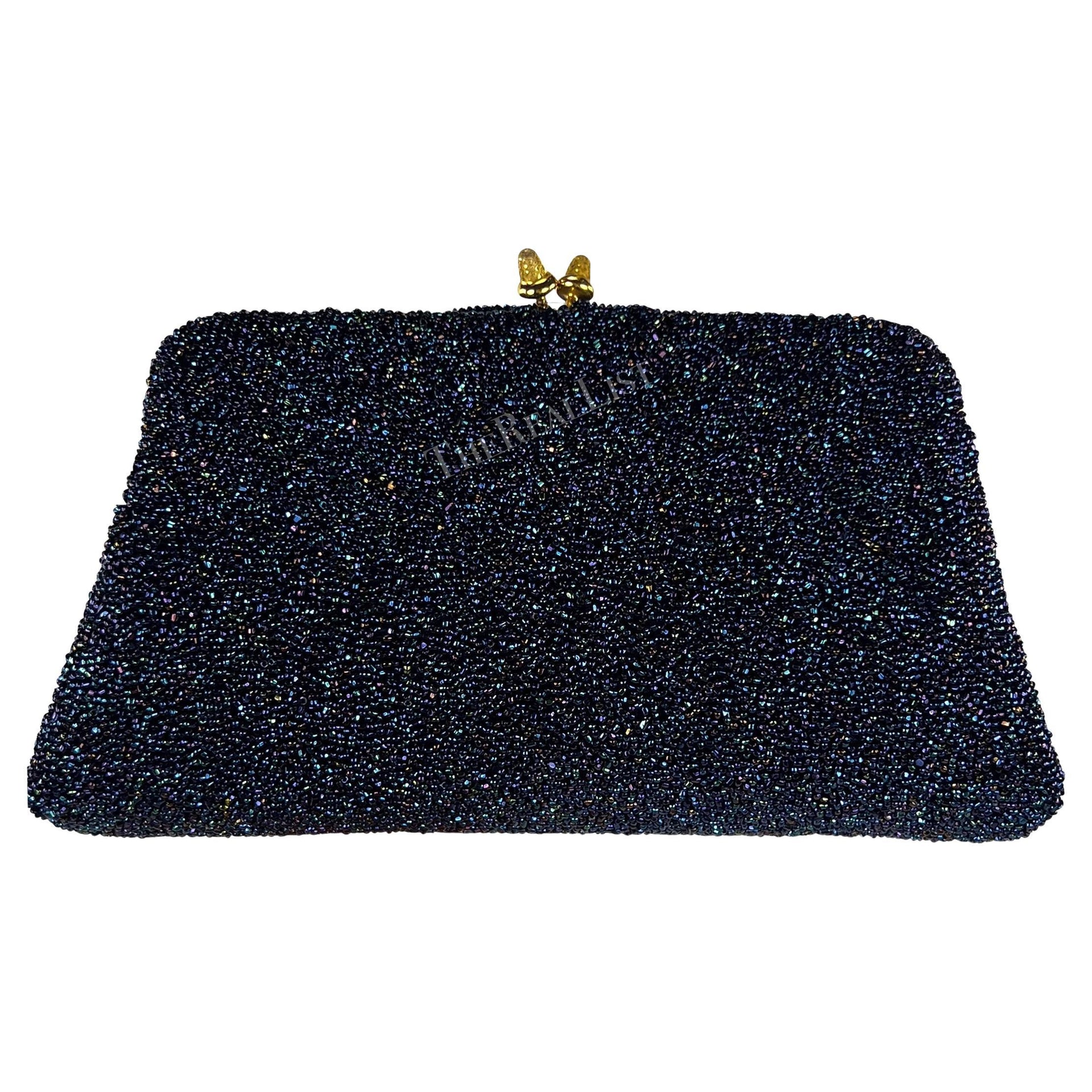 1970s Gucci Iridescent Blue Caviar Beaded Mini Evening Kiss-Lock Clutch
