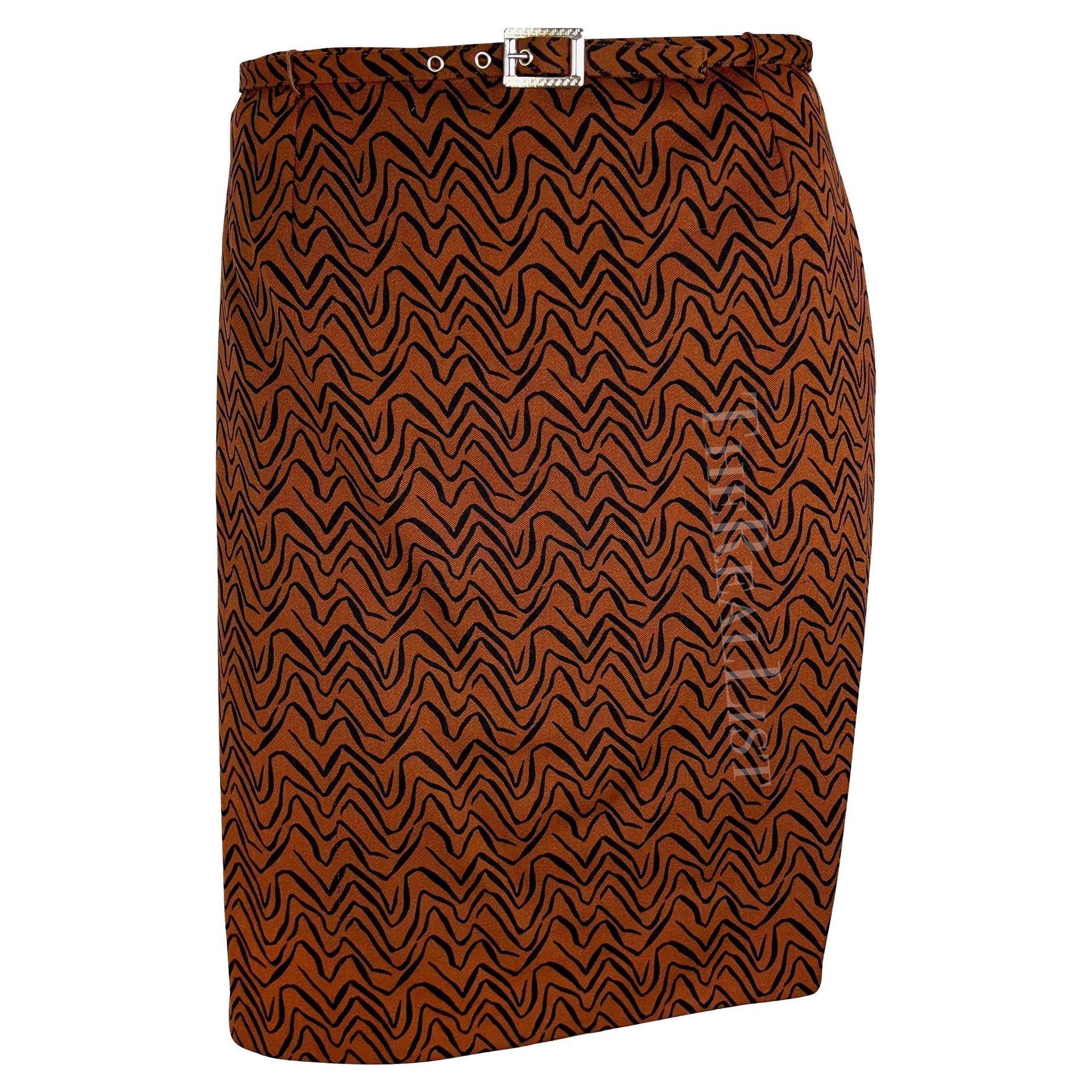 F/W 1996 Gianni Versace Brown Rust Abstract Wiggle Print Medusa Belt Skirt Suit