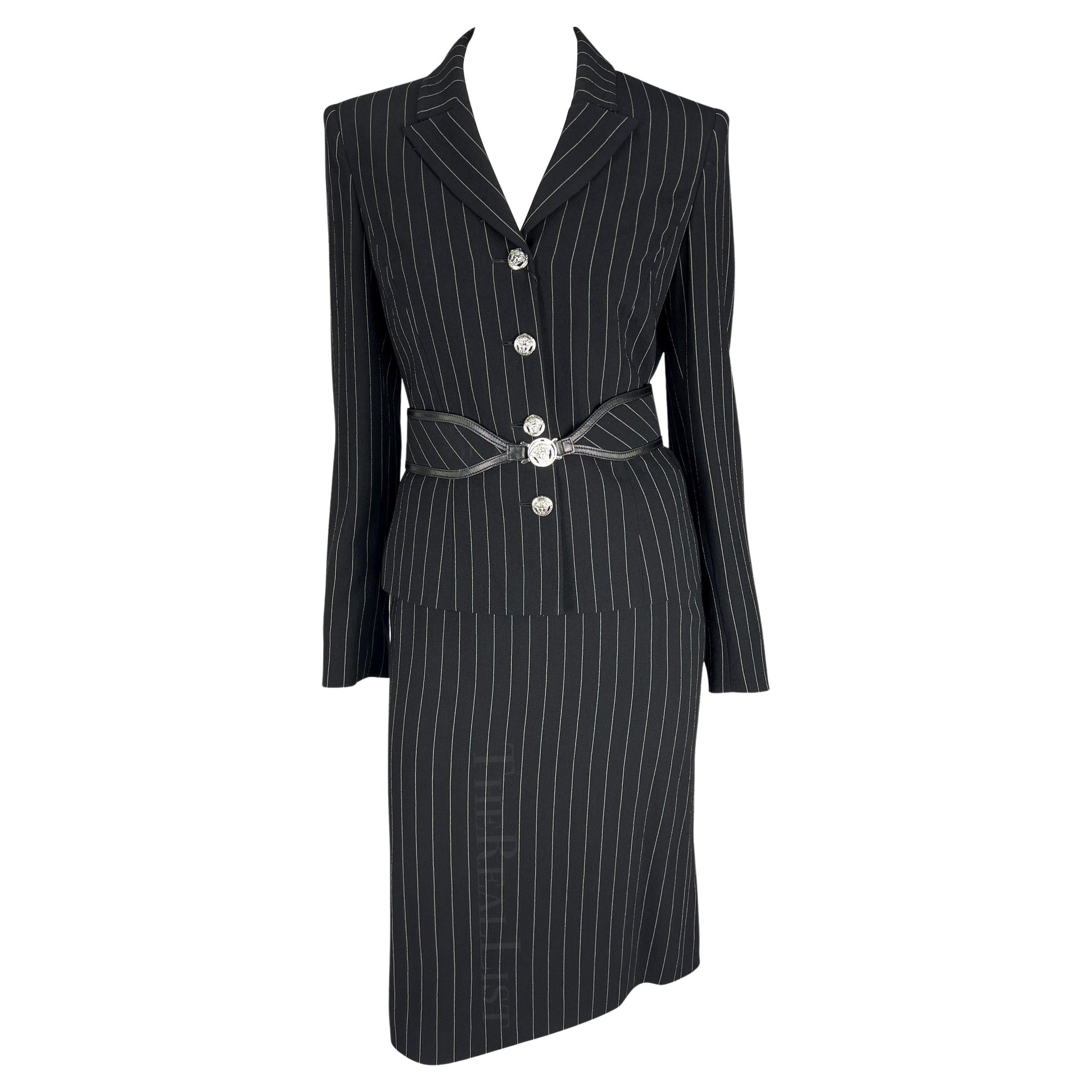 NWT F/W 2004 Versace by Donatella Black Wool Blend Pinstripe Medusa Belted Suit