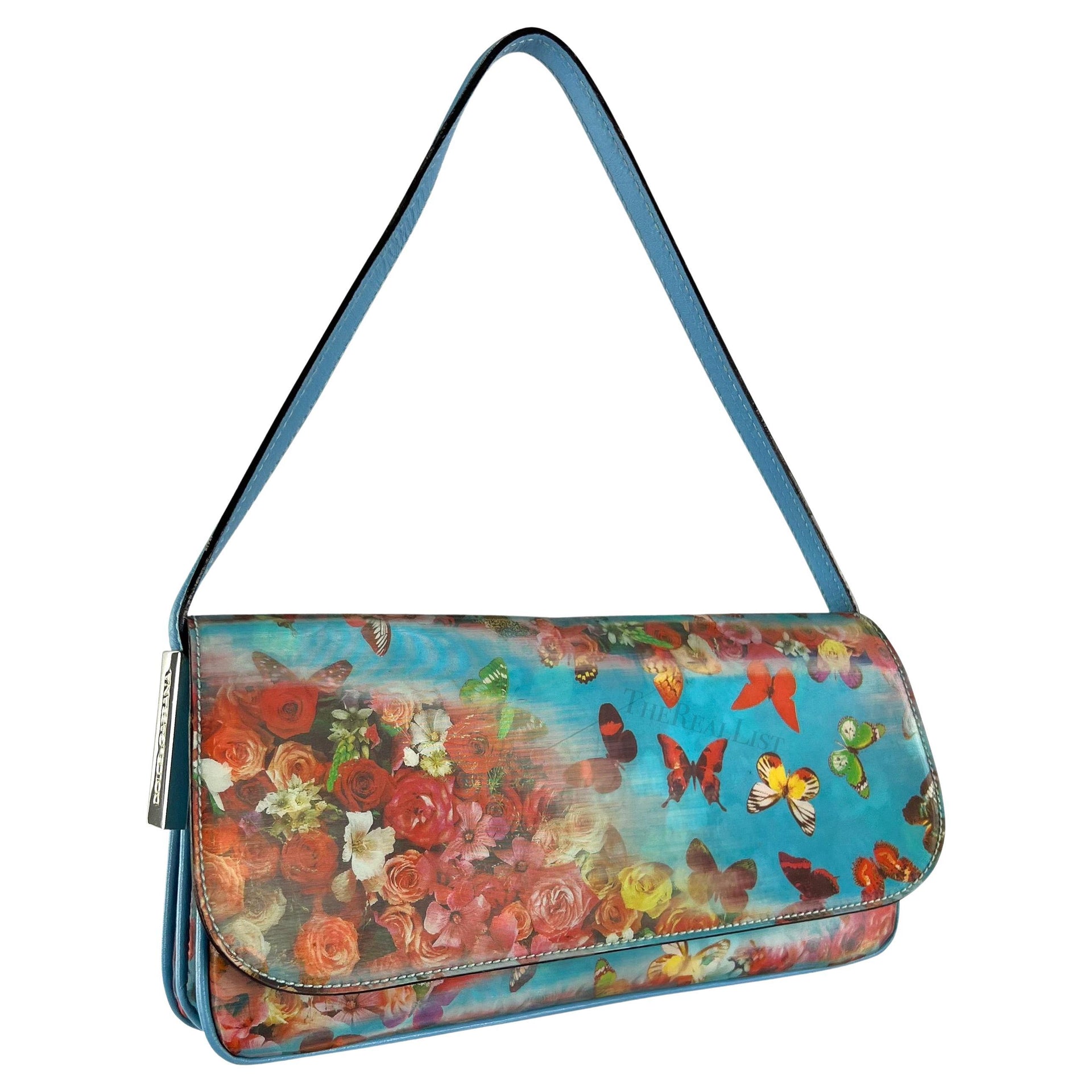 F/W 1999 Dolce & Gabbana Holographic Light Blue Floral Small Flap Shoulder Bag
