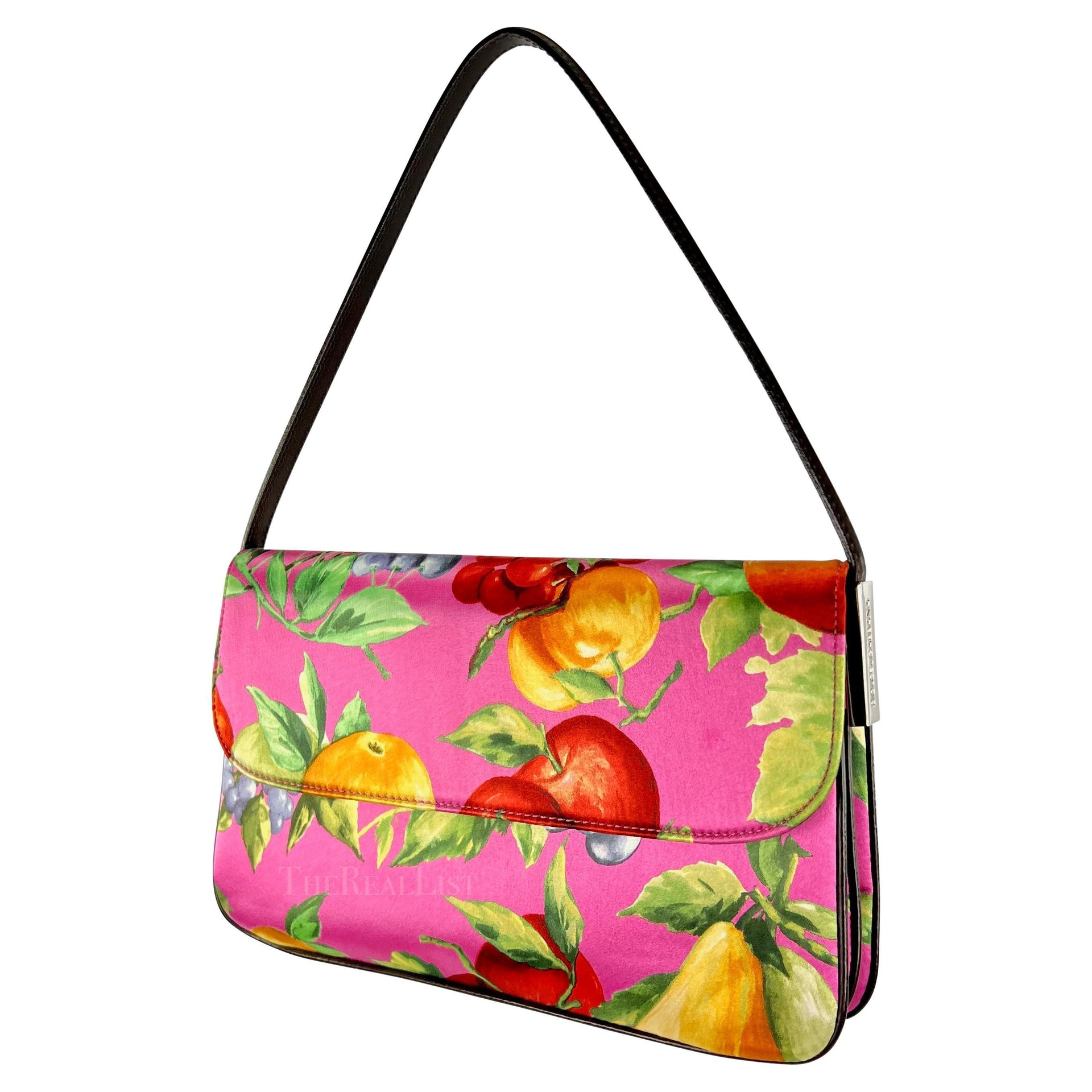 Late 1990s Dolce & Gabbana Pink Fruit Print Satin Double Y2K Medium Shoulder Bag
