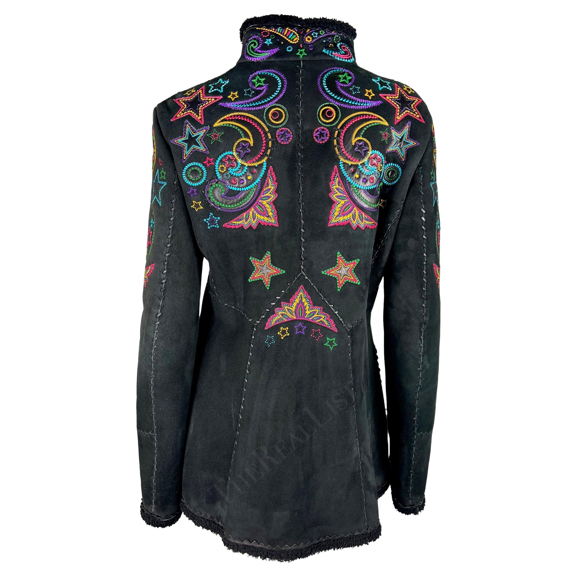 F/W 2002 Gianni Versace by Donatella Black Shearling Star Embroidered Coat