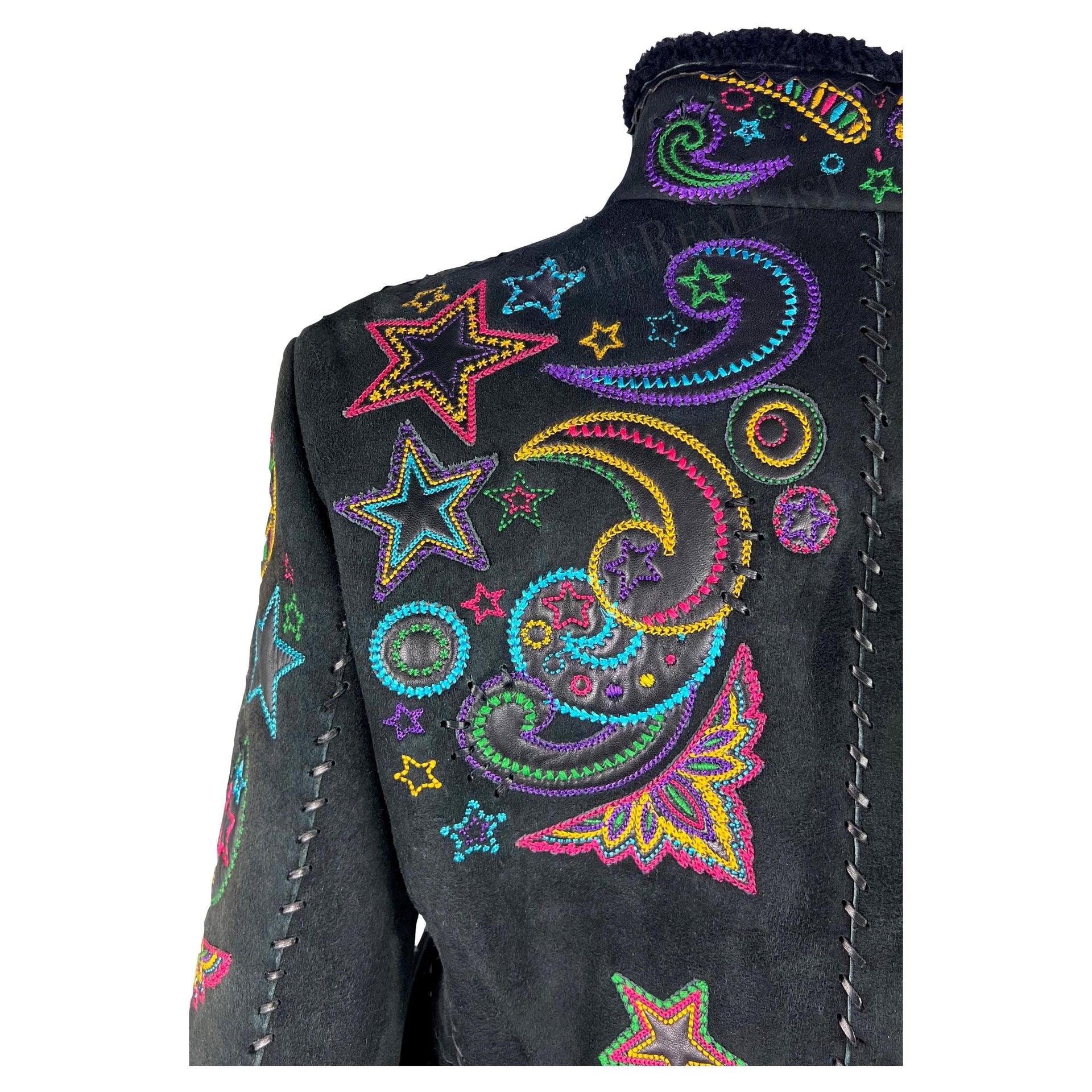 F/W 2002 Gianni Versace by Donatella Black Shearling Star Embroidered Coat