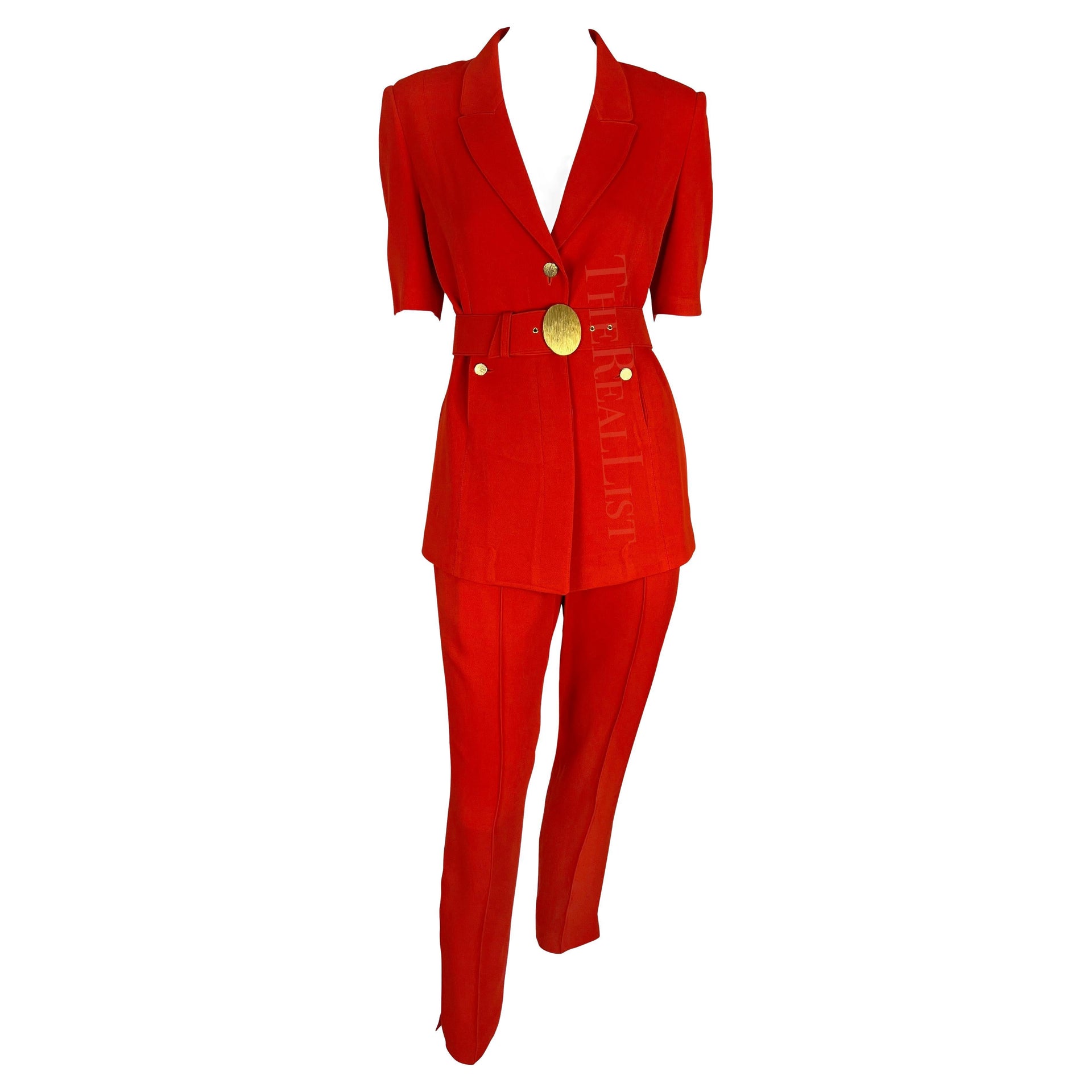 1990s Claude Montana Bright Red Belted Short Sleeve Pantsuit