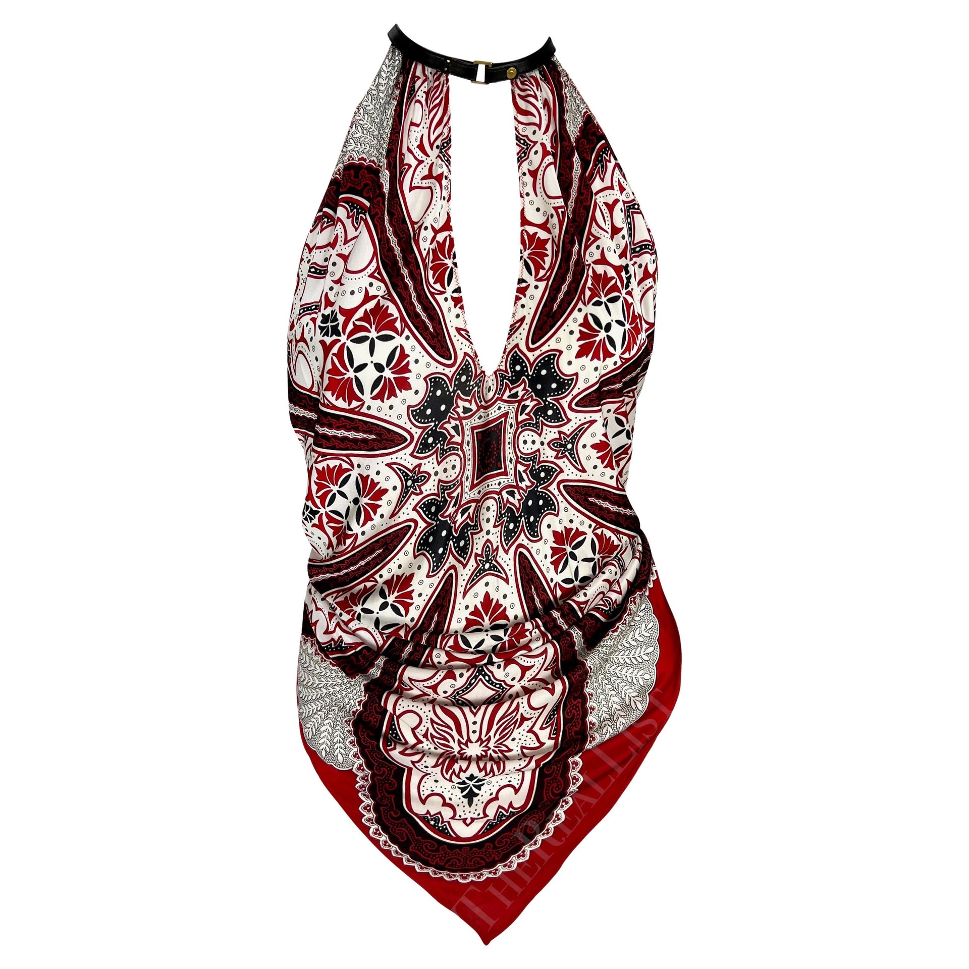 Cruise 2004 Gucci by Tom Ford Red Paisley Halterneck Backless Scarf Blouse