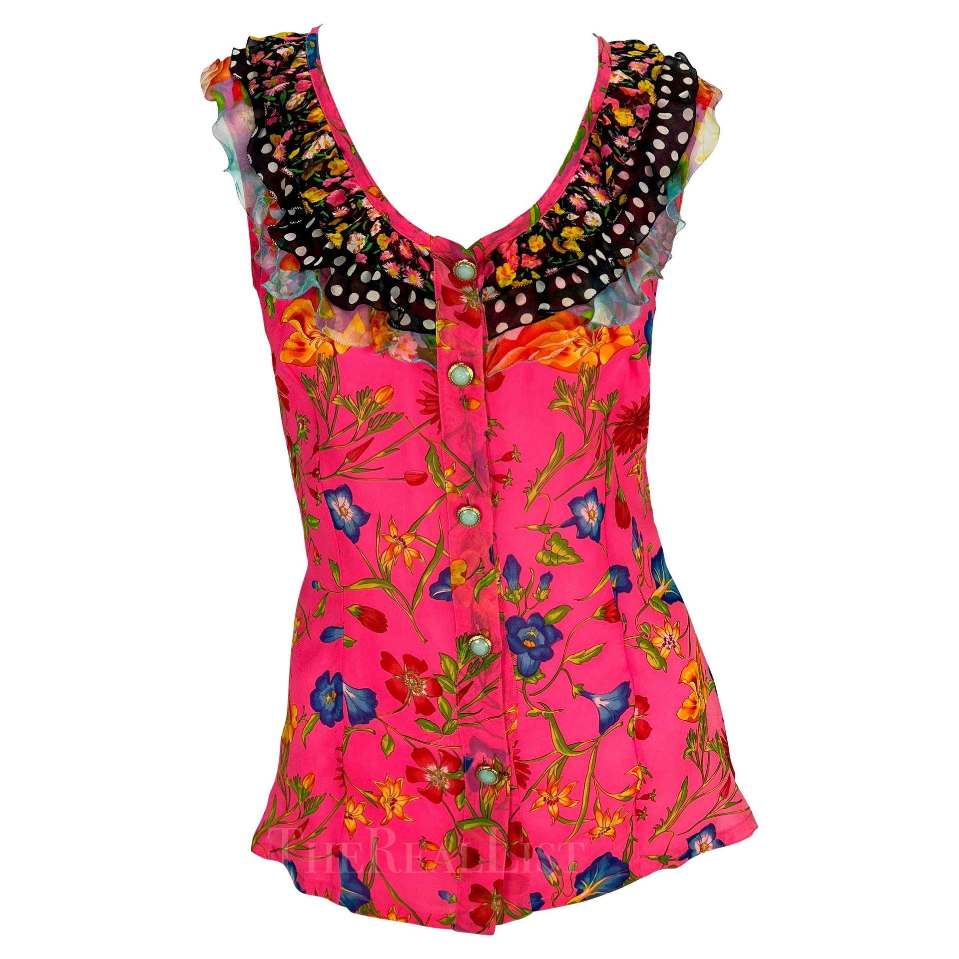 S/S 1993 Gianni Versace Runway Pink Floral Ruffle Medusa Sleeveless Top