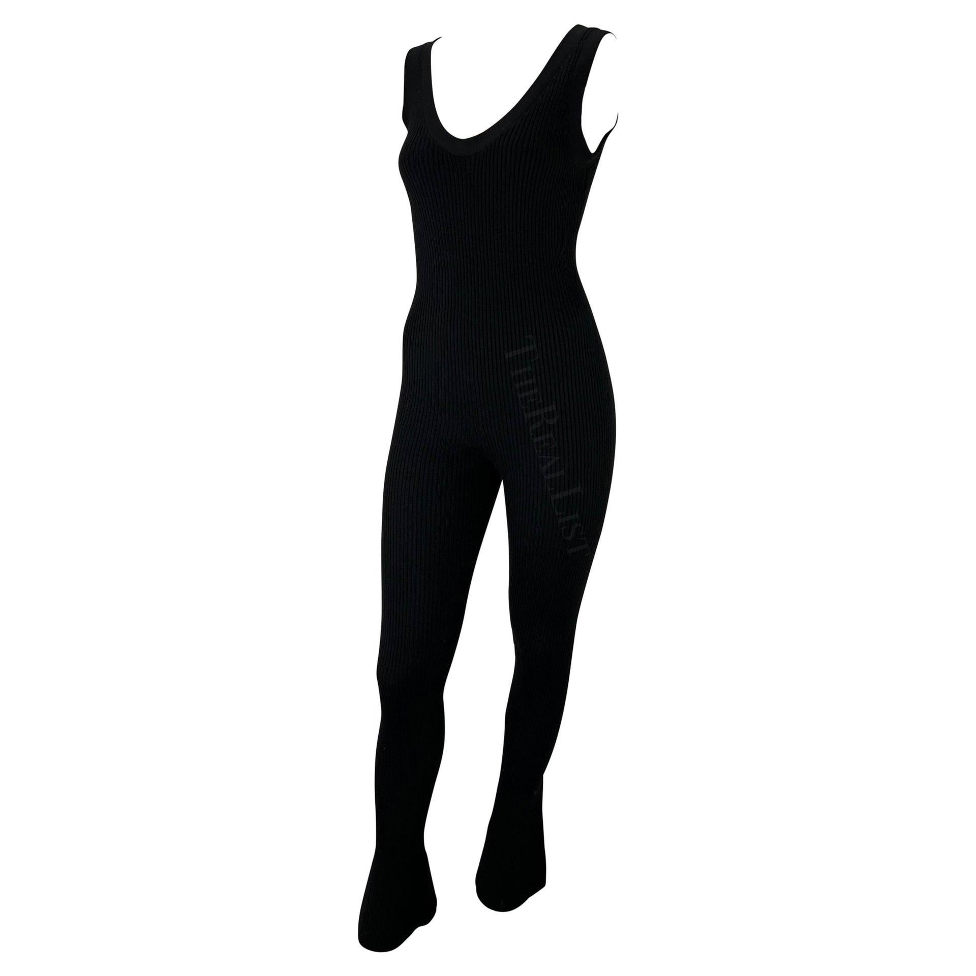 F/W 2001 Prada Runway Black Ribbed Knit Stretch Tank Bell Bottom Catsuit Stirrup