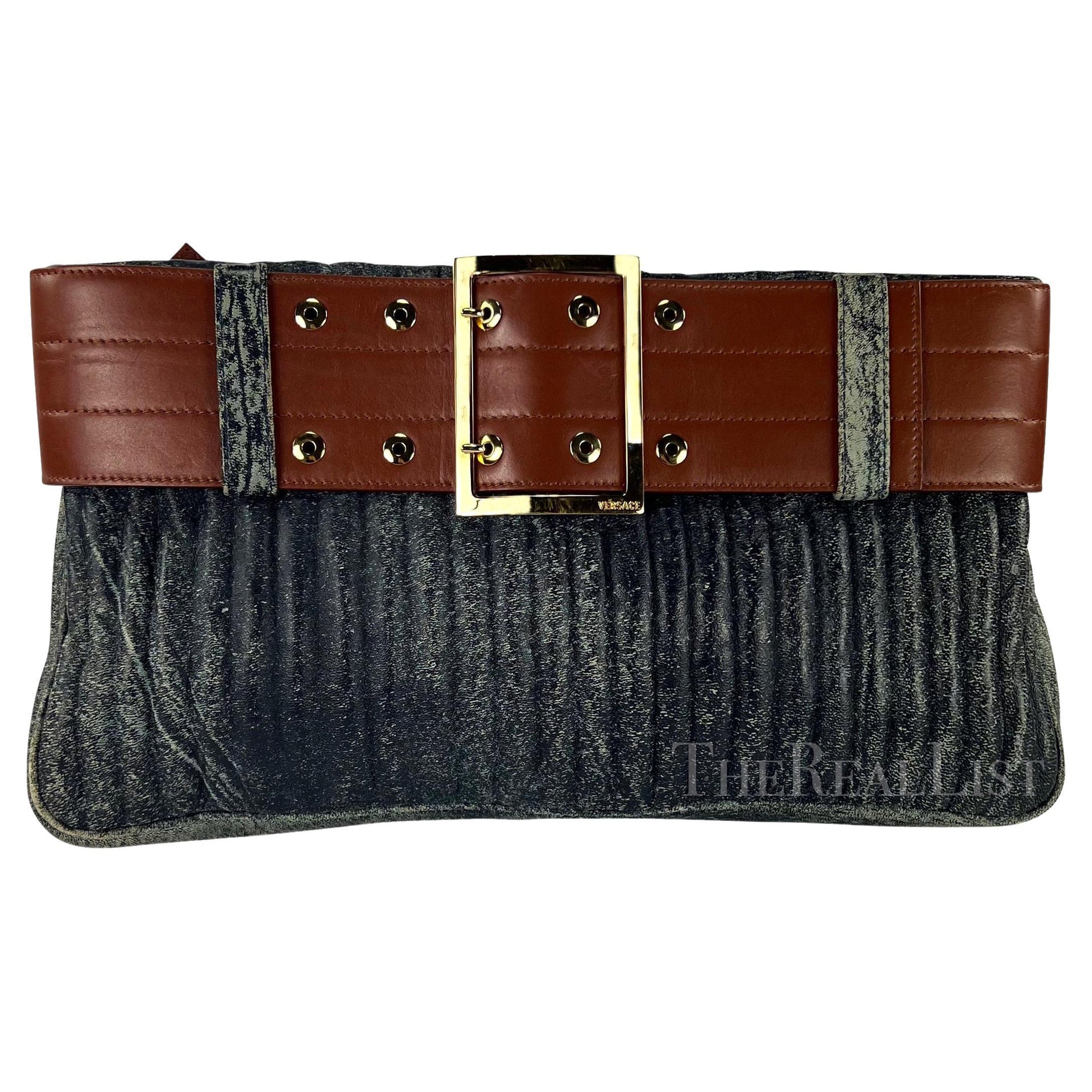 F/W 2001 Gianni Versace by Donatella Blue Distressed Leather Belted Clutch