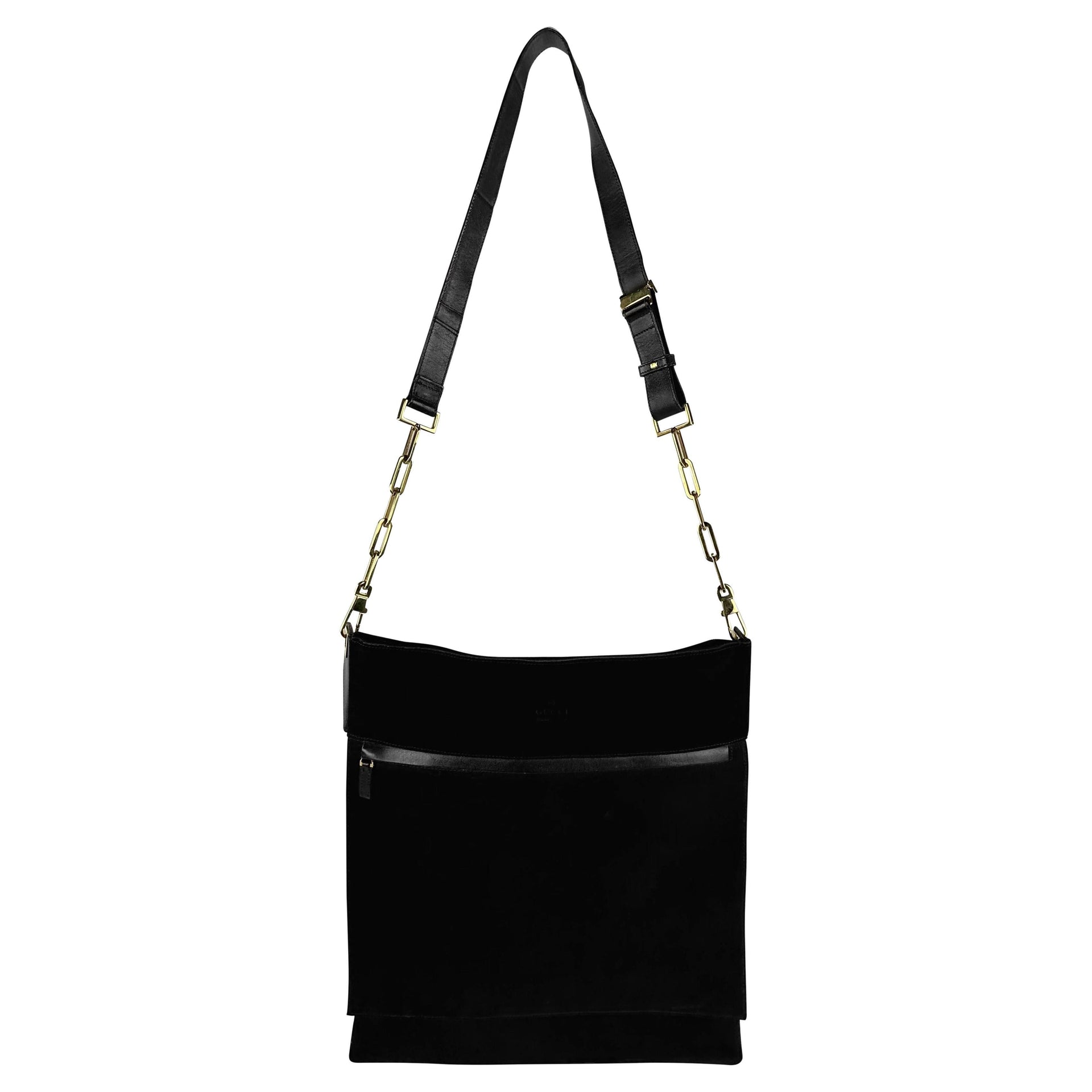 F/W 2000 Gucci by Tom Ford Black Suede Men's Runway Large Shoulder Bag
