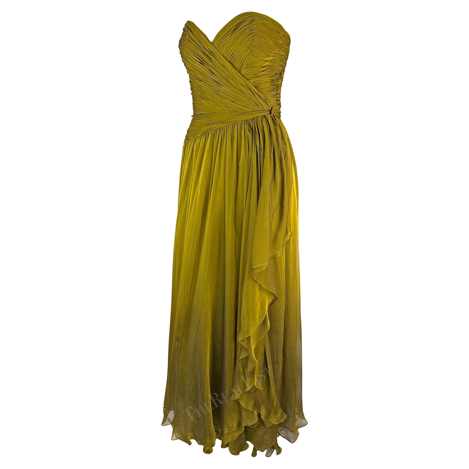 F/W 1989 Oscar de la Renta Runway Chartreuse Chiffon Strapless Gown