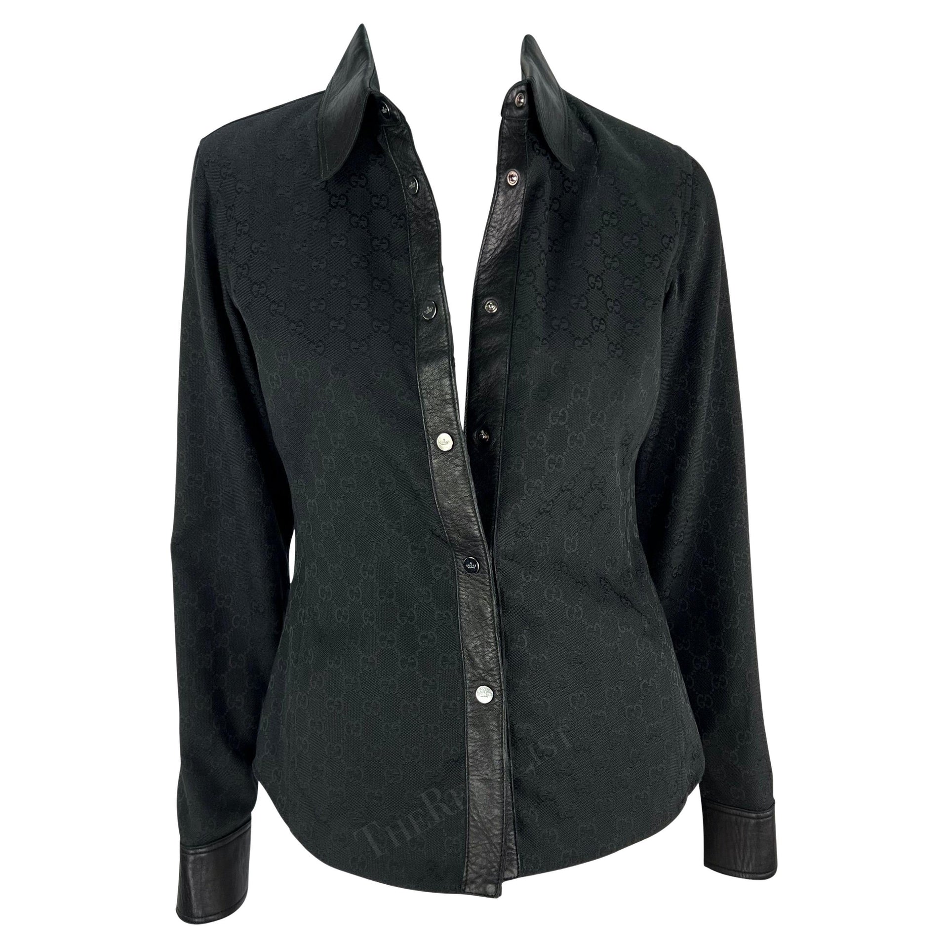 F/W 2000 Gucci by Tom Ford Leather Trim Black GG Monogram Collared Snap Shirt