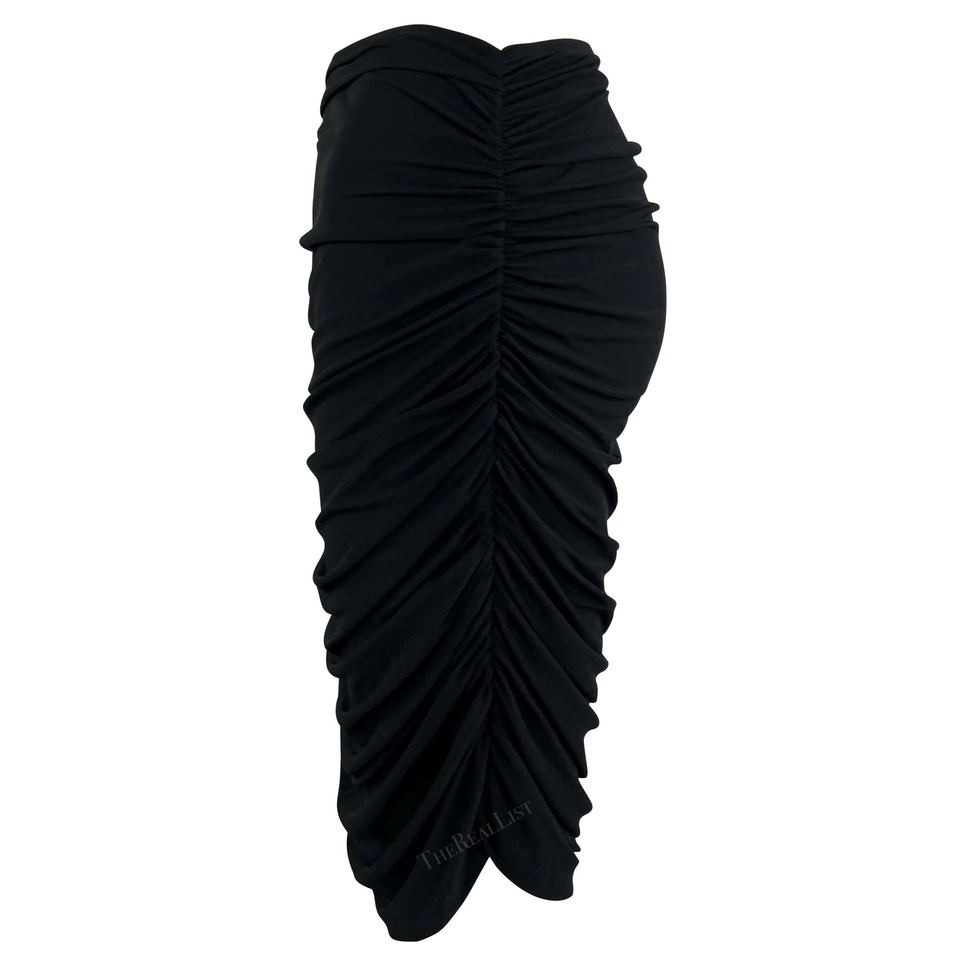 1990s Norma Kamali Black Ruched Stretch Bodycon Skirt