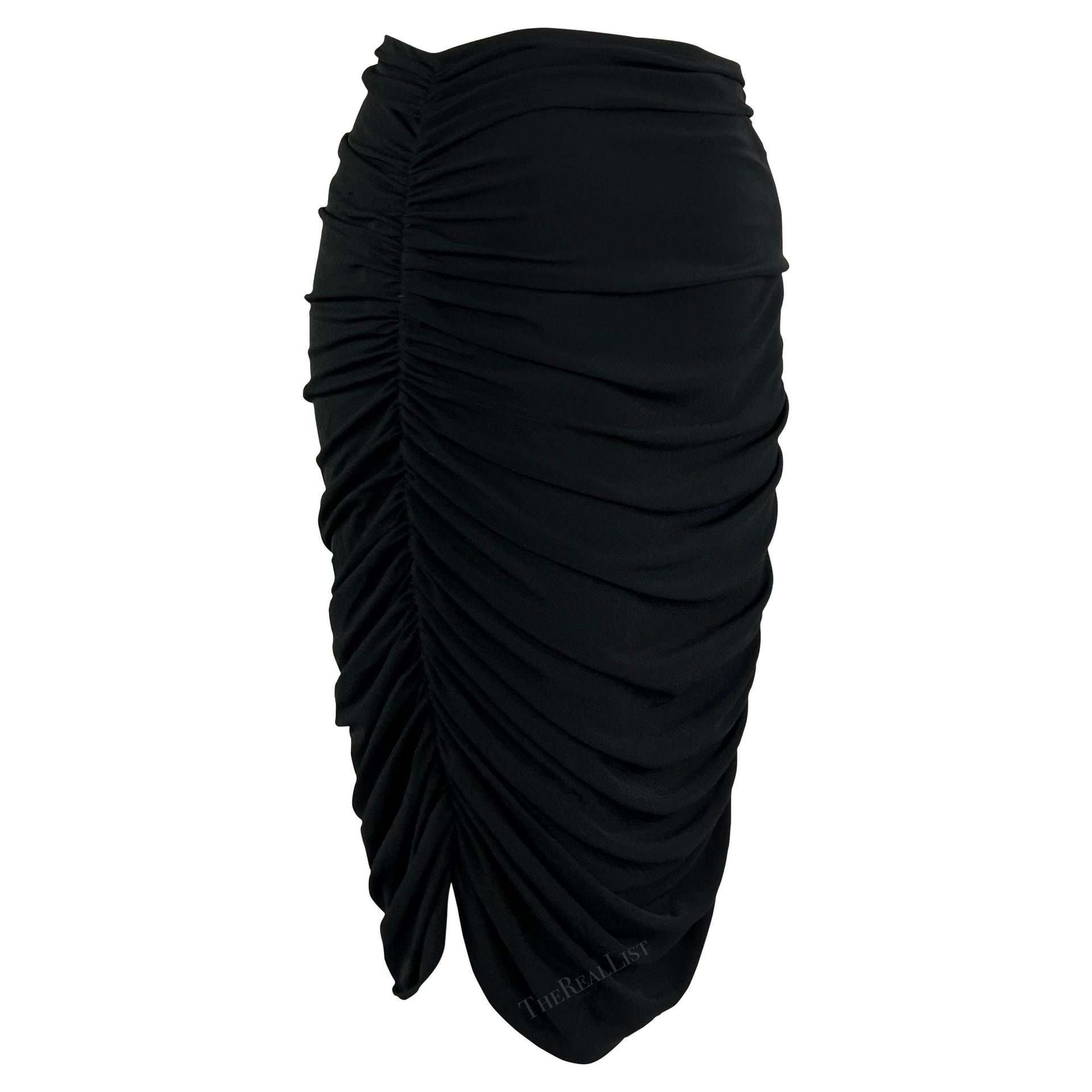 1990s Norma Kamali Black Ruched Stretch Bodycon Skirt