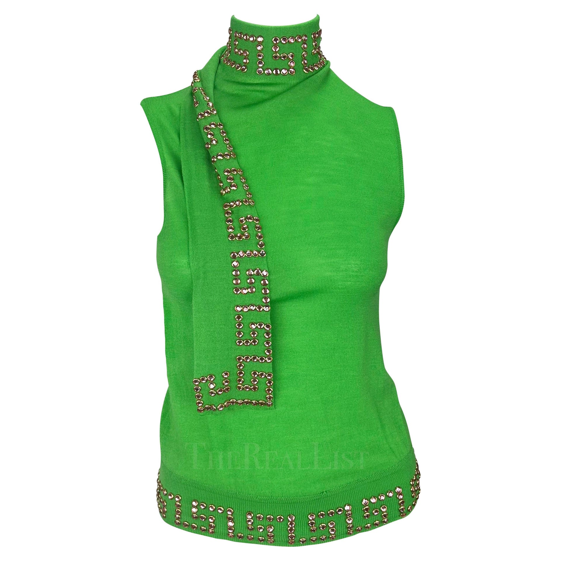 S/S 2000 Gianni Versace by Donatella Runway Green Rhinestone Greek Key Knit Tank Top