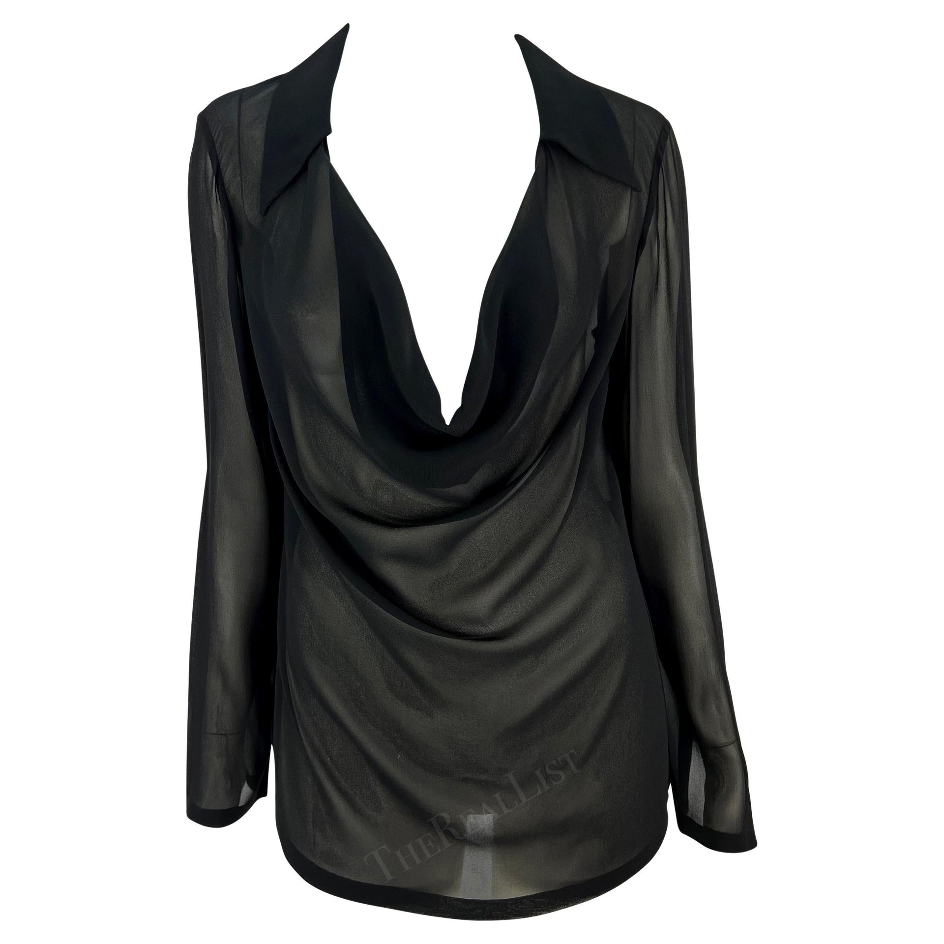 S/S 1997 Gucci by Tom Ford Black Sheer Cowl Neck Plunging Collar Blouse