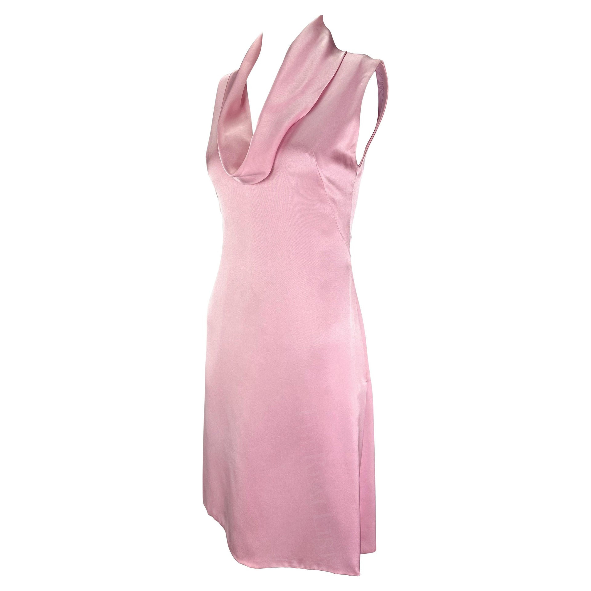 Early 2000s Gianni Versace by Donatella Light Pink Silk Cowl Neck Mini Dress
